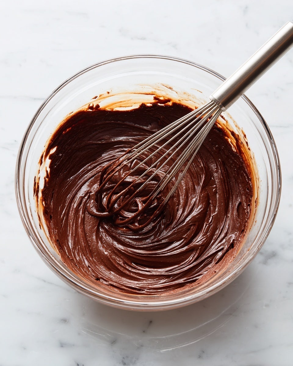 A clear glass bowl holds a smooth, thick mixture of dark brown chocolate batter with a creamy texture. A metal whisk is dipped into the center of the batter, showing swirls and folds from stirring, with the batter slightly sticking to the wires of the whisk. The bowl sits on a white marbled surface, and there is no visible background beyond the surface. photo taken with an iphone --ar 4:5 --v 7