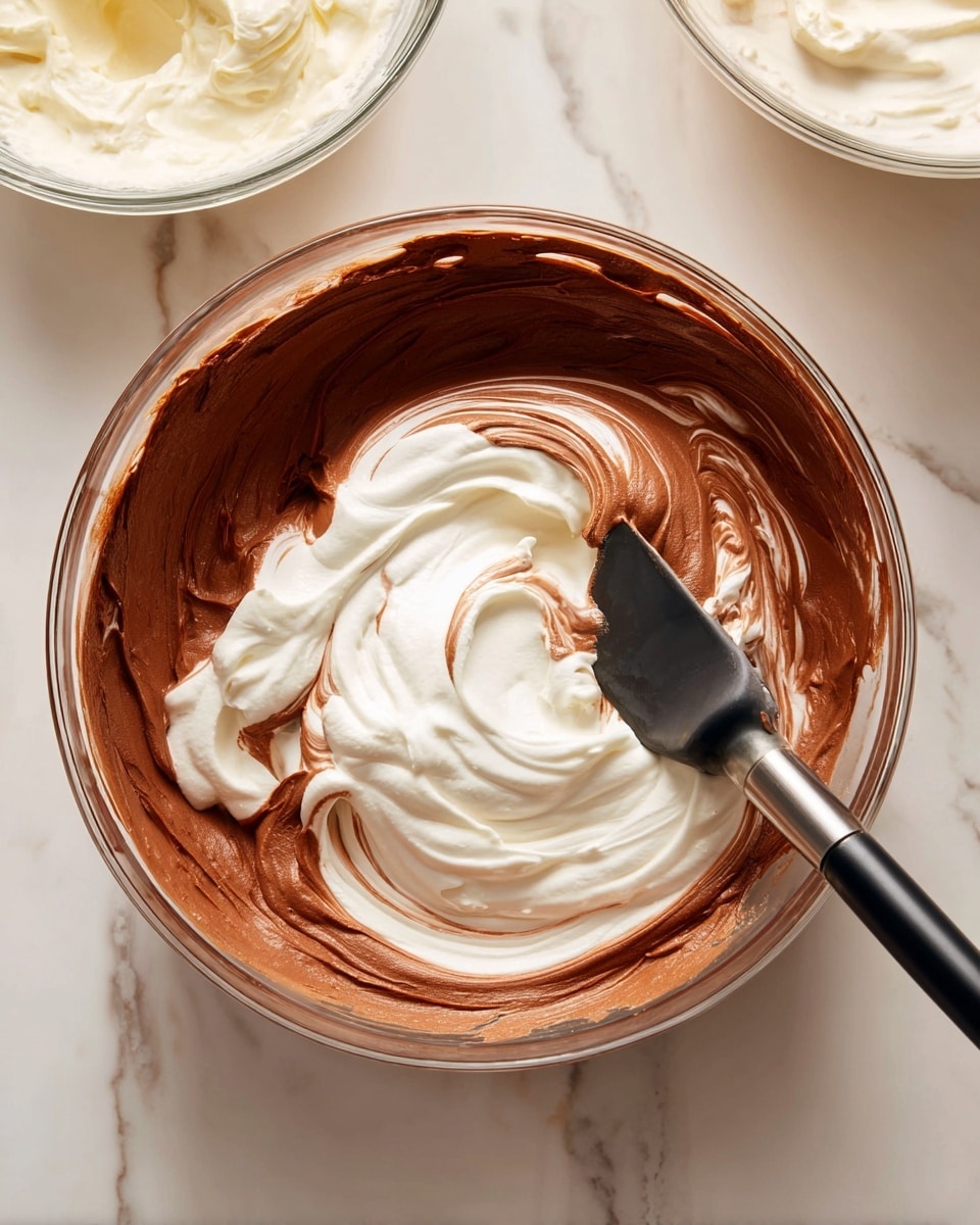 A clear glass bowl sits on a white marbled surface, containing a swirled mixture of two visible layers. The first layer is a smooth, rich brown chocolate mixture covering the bottom and sides of the bowl. The second layer is a thick, fluffy white cream partly folded into the chocolate, creating soft swirls and waves. A black spatula with a silver handle is gently stirring the mixture toward the right side of the bowl, blending the two textures without fully mixing them. In the top left corner, another clear glass bowl with white cream is partially visible. Photo taken with an iphone --ar 4:5 --v 7