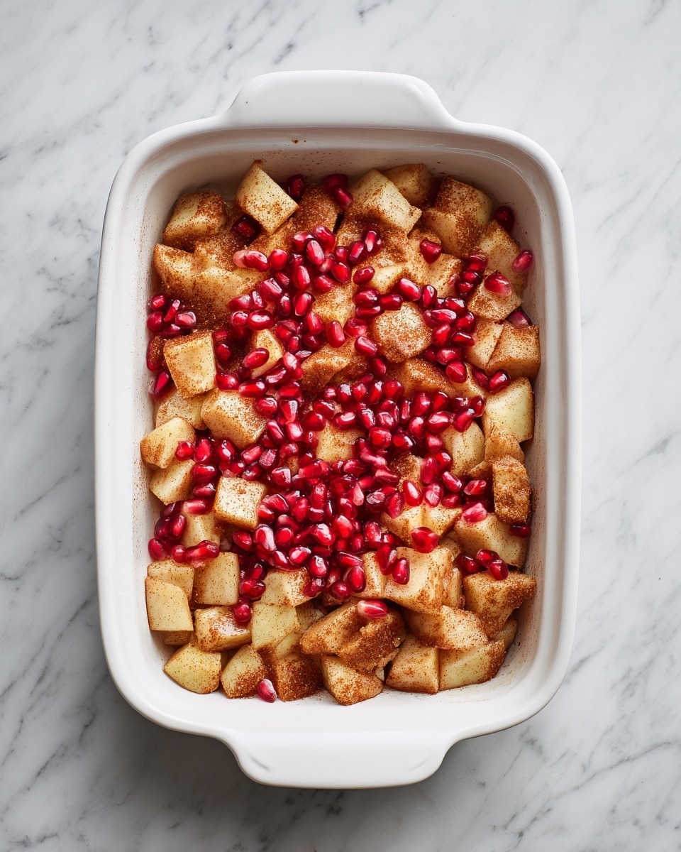 The image shows a white rectangular baking dish filled with two layers of food. The bottom layer is made of light brown pieces that look like soft cooked apples, cut into small chunks and covered lightly with cinnamon or spice powder. On top, there is a layer of bright red pomegranate seeds, scattered evenly across the apples. The dish is placed on a white marbled surface. photo taken with an iphone --ar 4:5 --v 7