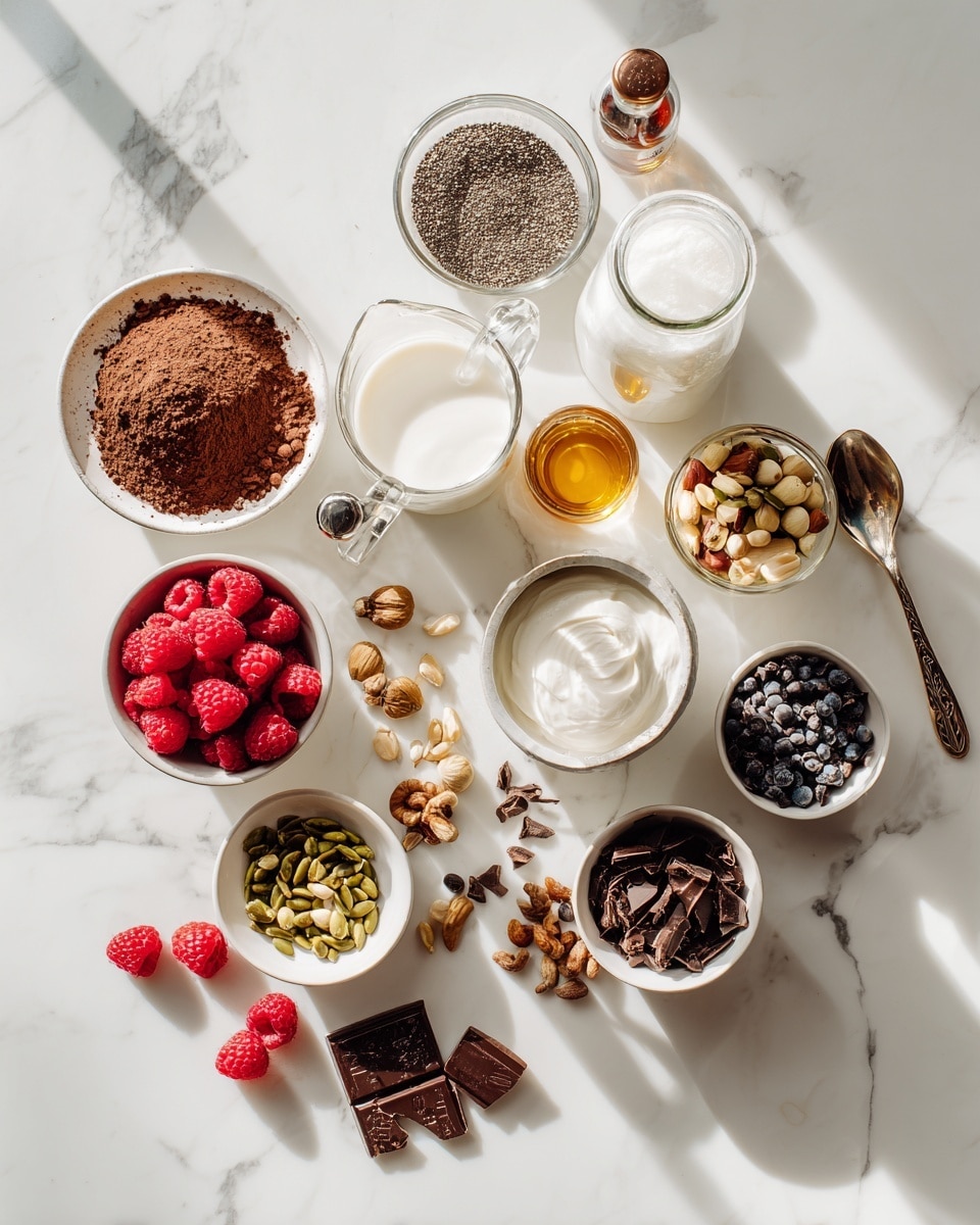A clear glass bowl sits on a white marbled surface filled with a mix of ingredients. The bottom layer is a light brown liquid, topped mostly on one side with a dense patch of small black and white chia seeds. Scattered over the liquid and chia seeds are uneven piles of dark brown cocoa powder clumps. A metal whisk with a black handle is placed near the top right of the bowl. Photo taken with an iphone --ar 4:5 --v 7