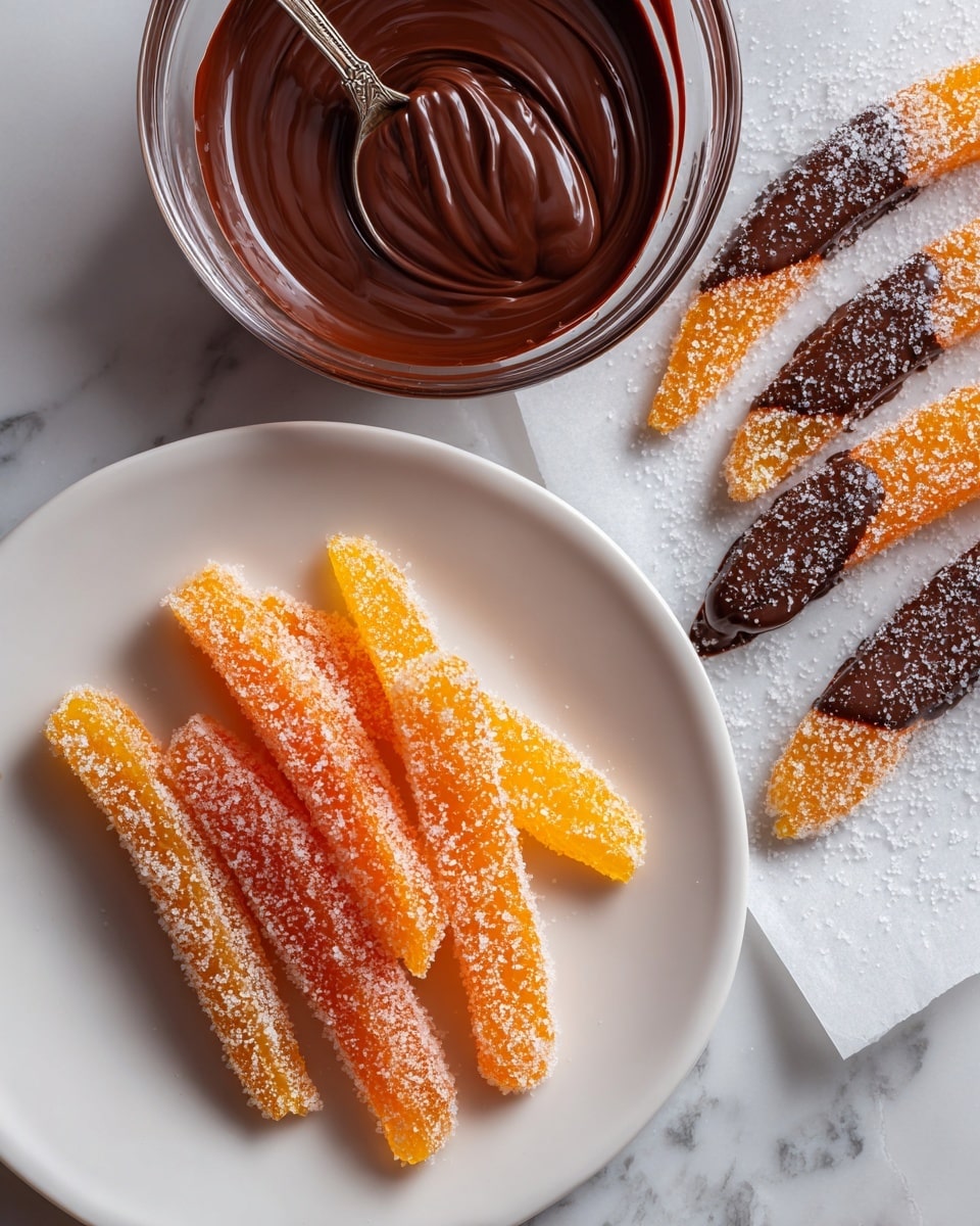 A white plate filled with granulated sugar, holding three bright orange candied peel strips lightly dusted with sugar, sits on a white marbled surface. To the right is a line of thin orange candied peel strips arranged neatly on white parchment paper, half of which are covered partially with smooth dark brown chocolate. Above and slightly right of the peels, a clear glass bowl filled with thick melted chocolate has a silver spoon resting inside. The whole setup is brightly lit and clean, showing textures of sugar crystals, shiny chocolate, and glossy orange peels clearly. Photo taken with an iphone --ar 4:5 --v 7