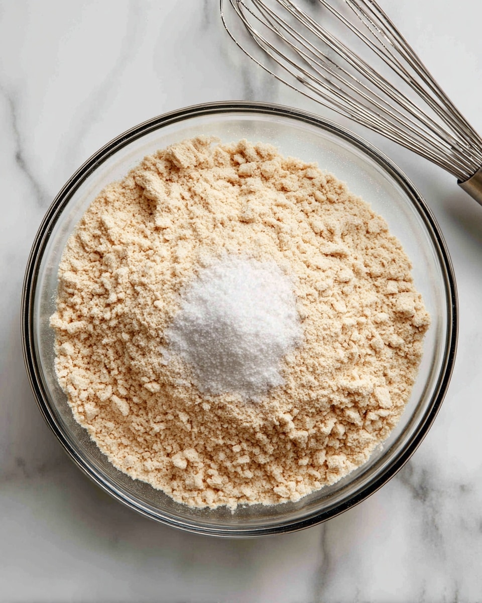 A clear glass bowl sits on a white marbled surface filled with a mixture of fine, crumbly beige flour with a small pile of white powder on top, likely baking soda or salt, at the center. Beside the bowl is a silver whisk, partially visible. The texture of the mixture looks dry and sandy with small clumps scattered evenly throughout. The photo taken with an iphone --ar 4:5 --v 7