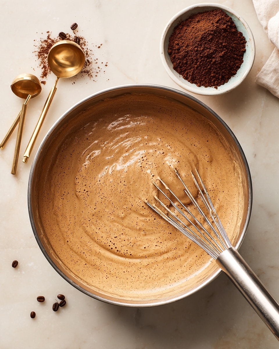 A large steel mixing bowl sits on a white marbled surface, filled with a thick light brown creamy mixture with a smooth and slightly bubbly texture. Inside the bowl is a metal whisk attachment partially coated with the mixture, resting on the side. Next to the bowl is a white bowl containing loose ground coffee and two golden measuring spoons placed on top of it. The overall scene is clean and bright with neutral colors. photo taken with an iphone --ar 4:5 --v 7