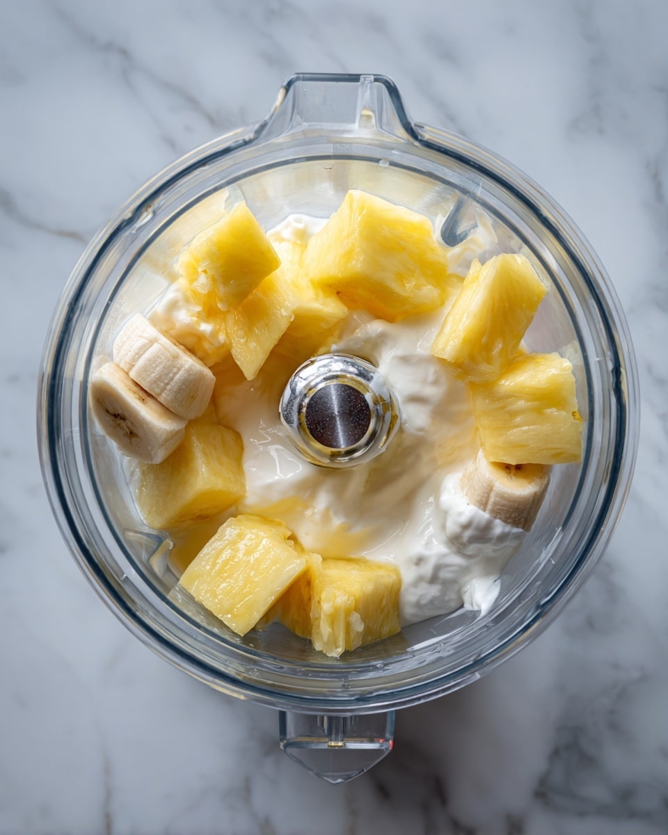 A close-up view of a black Ninja blender on a white marbled surface, filled with a light beige creamy mixture that reaches about halfway up the clear blender container, showing measurement marks on the side. The blender base has shiny buttons labeled