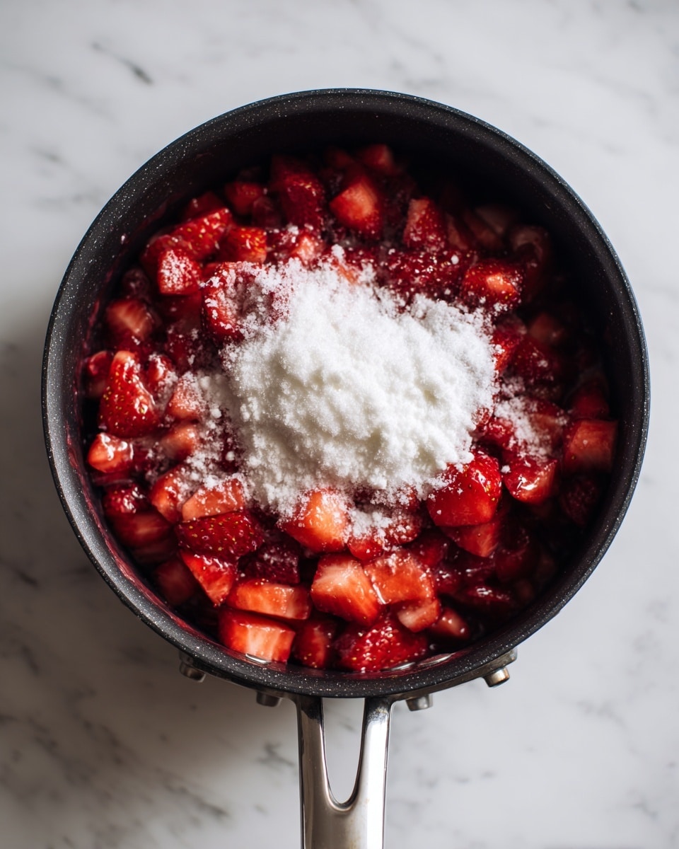 The image shows a black pot filled with layers of bright red chopped strawberries at the bottom, with white granulated sugar sprinkled heavily on top, creating a thick white patch in the center. The strawberries are cut into small pieces and have some juice mixed inside the pot. The pot has a silver handle with visible rivets and sits on a white marbled surface. The photo taken with an iphone --ar 4:5 --v 7