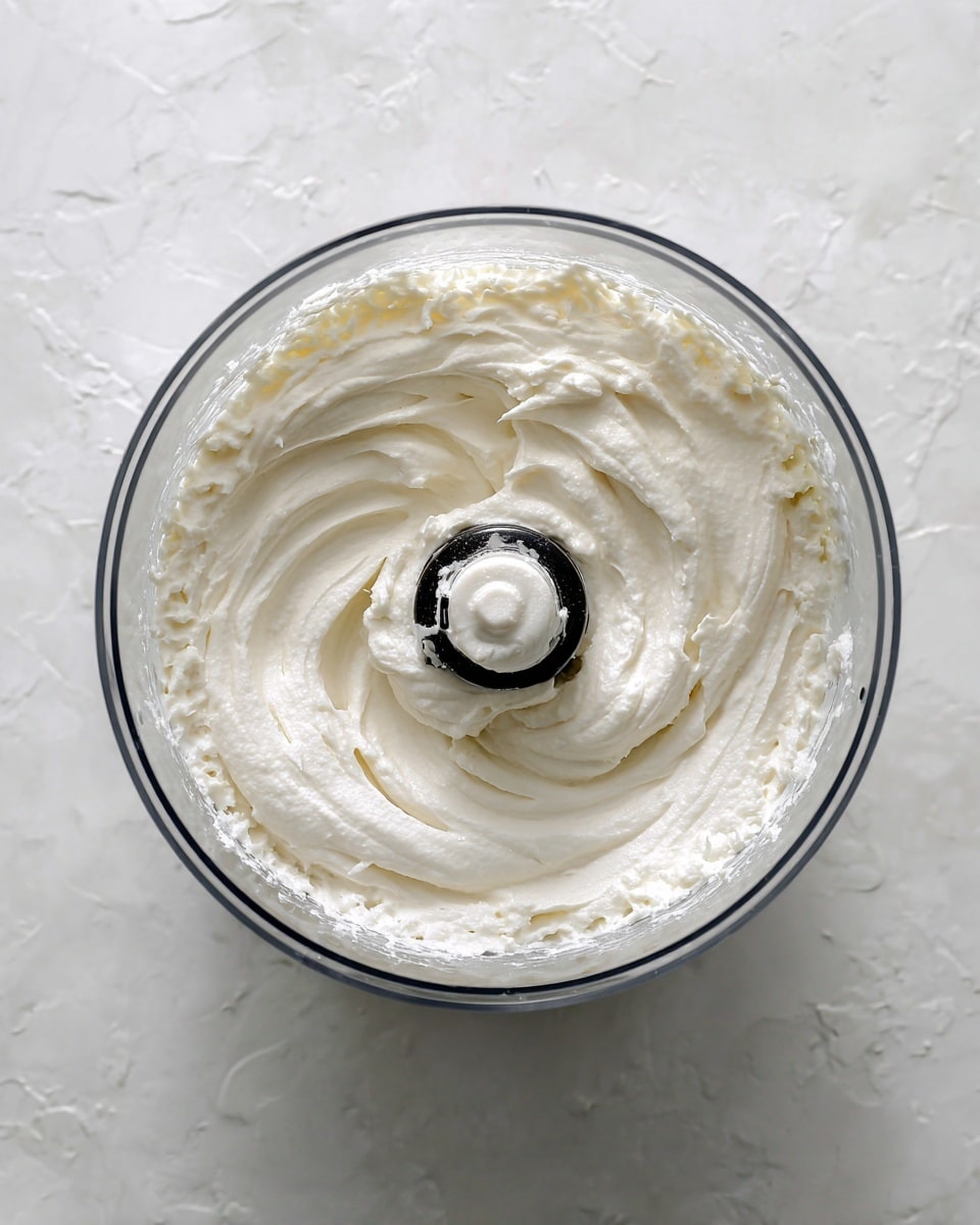 The image shows a clear blender container filled with a smooth, thick, creamy white mixture covering the blender blade in the center. The surface around the mixture inside the container is clean, with a slight sheen and some light texture. The blender container sits on a white marbled texture surface. Photo taken with an iphone --ar 4:5 --v 7