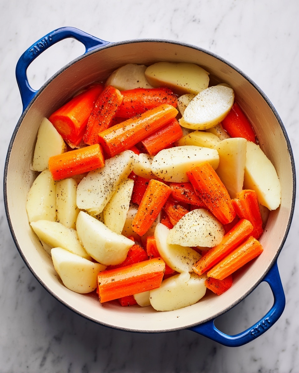 Inside a white pot with blue handles, there are three layers of raw vegetables: bright orange carrot slices cut in thick pieces, pale yellow potato halves with smooth skins, and white chunks of parsnip. The vegetables are spread evenly across the pot's base, lightly coated with oil that gives a slight shine, and sprinkled with black pepper. The pot sits on a white marbled surface, creating a clean and bright background. photo taken with an iphone --ar 4:5 --v 7