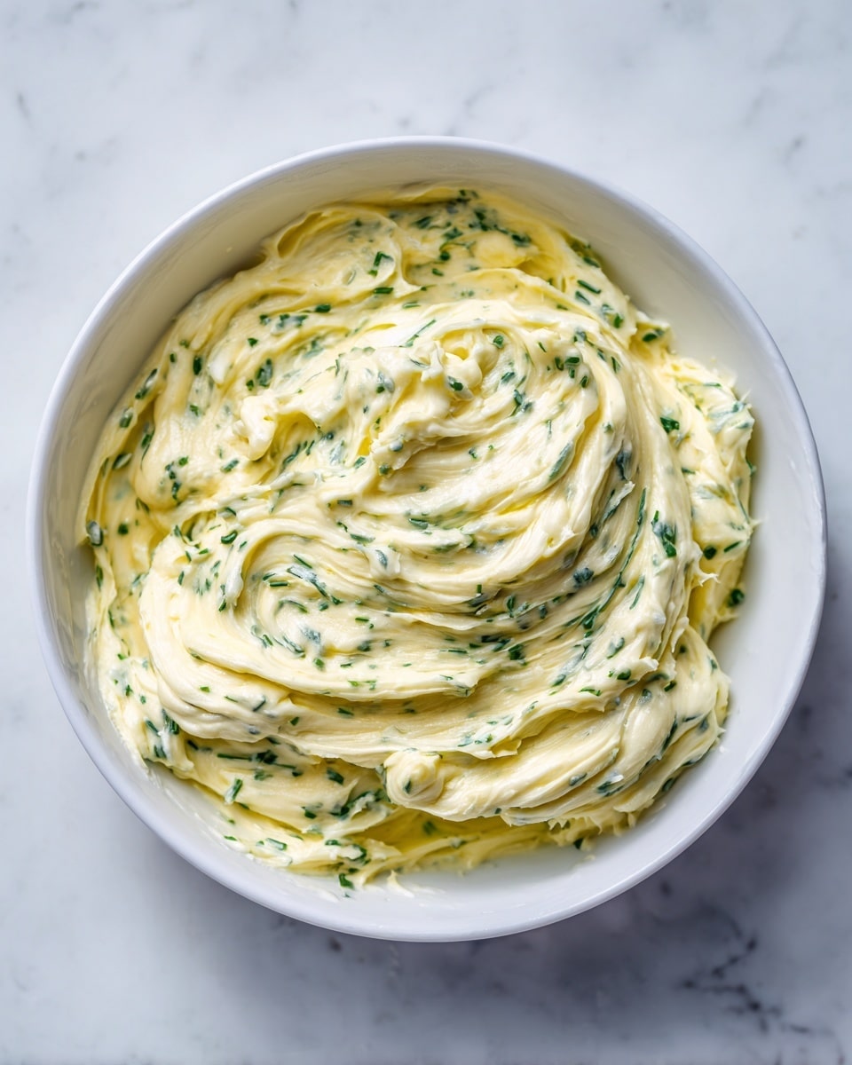 A white bowl sits on a white marbled surface, filled with a creamy mixture that has a soft, whipped texture. The mixture is light yellow with small green herb pieces evenly scattered throughout, giving it a speckled appearance. The surface of the mixture shows gentle swirls and folds, indicating it was stirred by a spoon or spatula. The bowl is simple and round, allowing the focus to remain on the textured and colorful mixture inside. Photo taken with an iphone --ar 4:5 --v 7