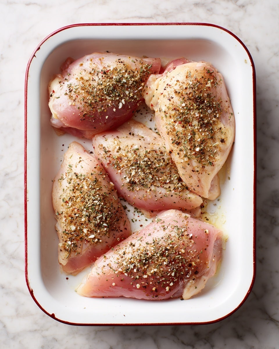 A white pan filled with four pieces of cooked chicken in a creamy light yellow sauce with visible black pepper and herbs on top. Each piece of chicken is golden brown with some darker seasoning spots. There are bright yellow lemon slices placed between and on the edges of the chicken. Green chopped parsley is sprinkled evenly across the chicken and sauce. The pan is on a white marbled surface with more lemons and a beige cloth visible around it. photo taken with an iphone --ar 4:5 --v 7