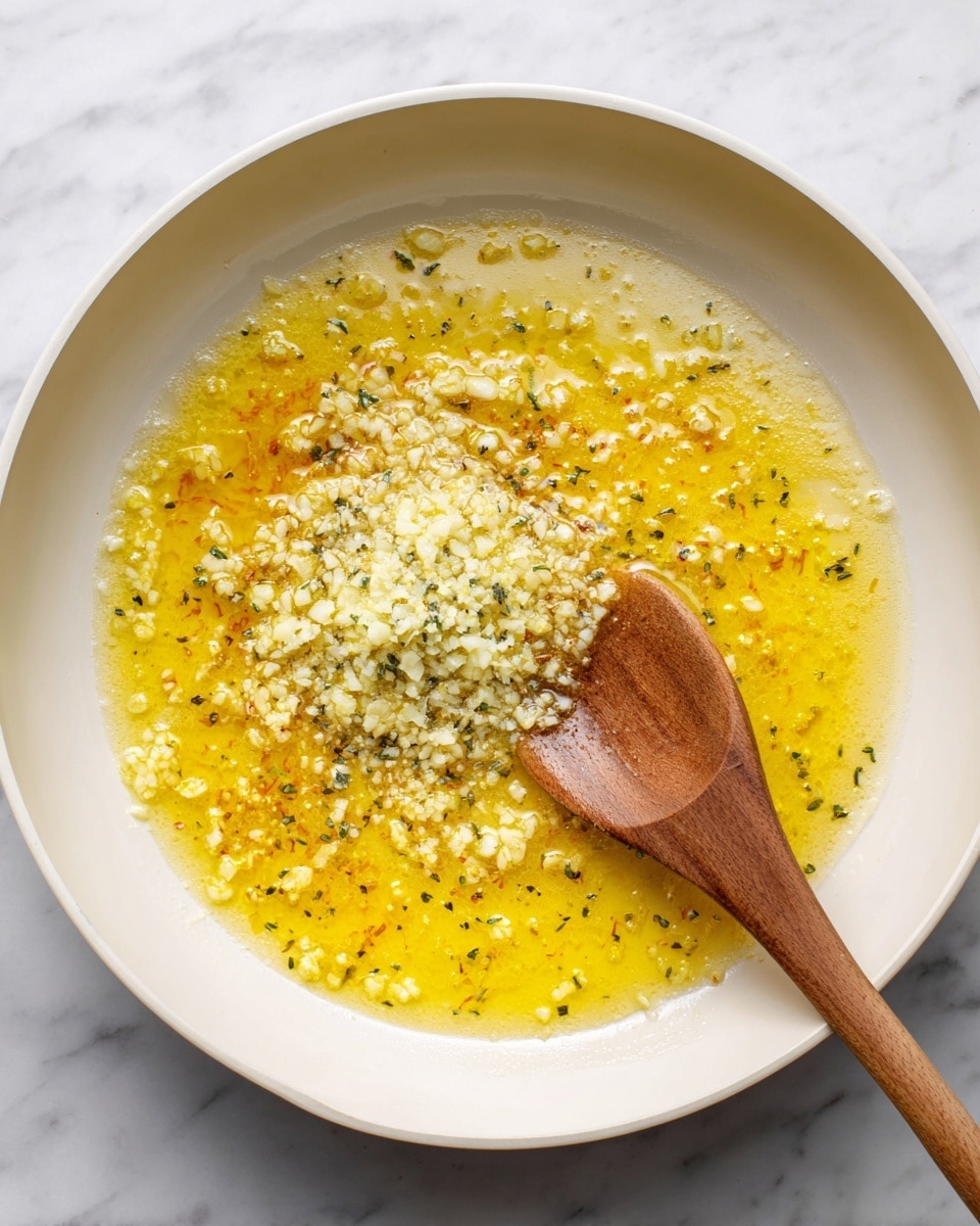 A white frying pan filled with melted yellow butter covering the bottom, with small browned spots and some tiny herbs mixed in. In the center, there is a pile of finely chopped garlic adding a light beige contrast to the yellow butter. A wooden spoon with a smooth texture rests inside the pan, partially dipped in the butter and garlic mixture. The pan is placed on a white marbled surface. Photo taken with an iphone --ar 4:5 --v 7