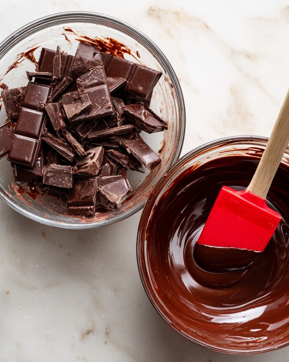 The image shows two glass bowls side by side on a white marbled surface. The left bowl contains broken pieces of dark chocolate partially melted, with the chocolate beginning to soften and shine, showing a mix of solid and melted glossy textures. The right bowl holds fully melted dark chocolate, smooth and shiny, with a red spatula coated in the rich liquid chocolate resting inside the bowl. The chocolate's surface reflects light, giving it a silky appearance. The edges of both bowls have some chocolate smudges, adding a sense of ongoing melting process. Photo taken with an iphone --ar 4:5 --v 7