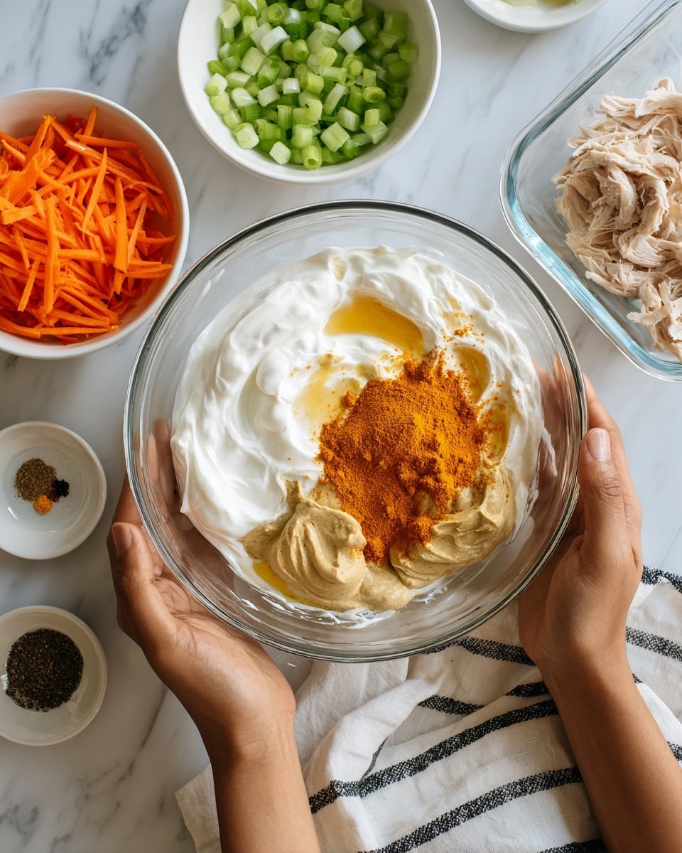 A clear glass bowl is held by a woman's hands, containing several ingredients layered closely together: a white creamy layer of sour cream or yogurt on top, a light beige dollop of mustard resting on the right, a similar light beige creamy ingredient beneath the mustard, a mound of orange curry powder sprinkled over the creamy layers, a golden honey-like liquid pooling underneath, and small piles of black pepper and white salt at the bottom left. Surrounding the bowl are three white bowls and one glass dish: the top left white bowl holds orange shredded carrots, the bottom left white bowl contains small green chopped celery pieces, the bottom middle white bowl has chopped green onions, and the top right clear glass rectangular dish has shredded cooked chicken. All of this is set on a white marbled surface with a white cloth with black stripes slightly visible on the lower side. Photo taken with an iphone --ar 4:5 --v 7