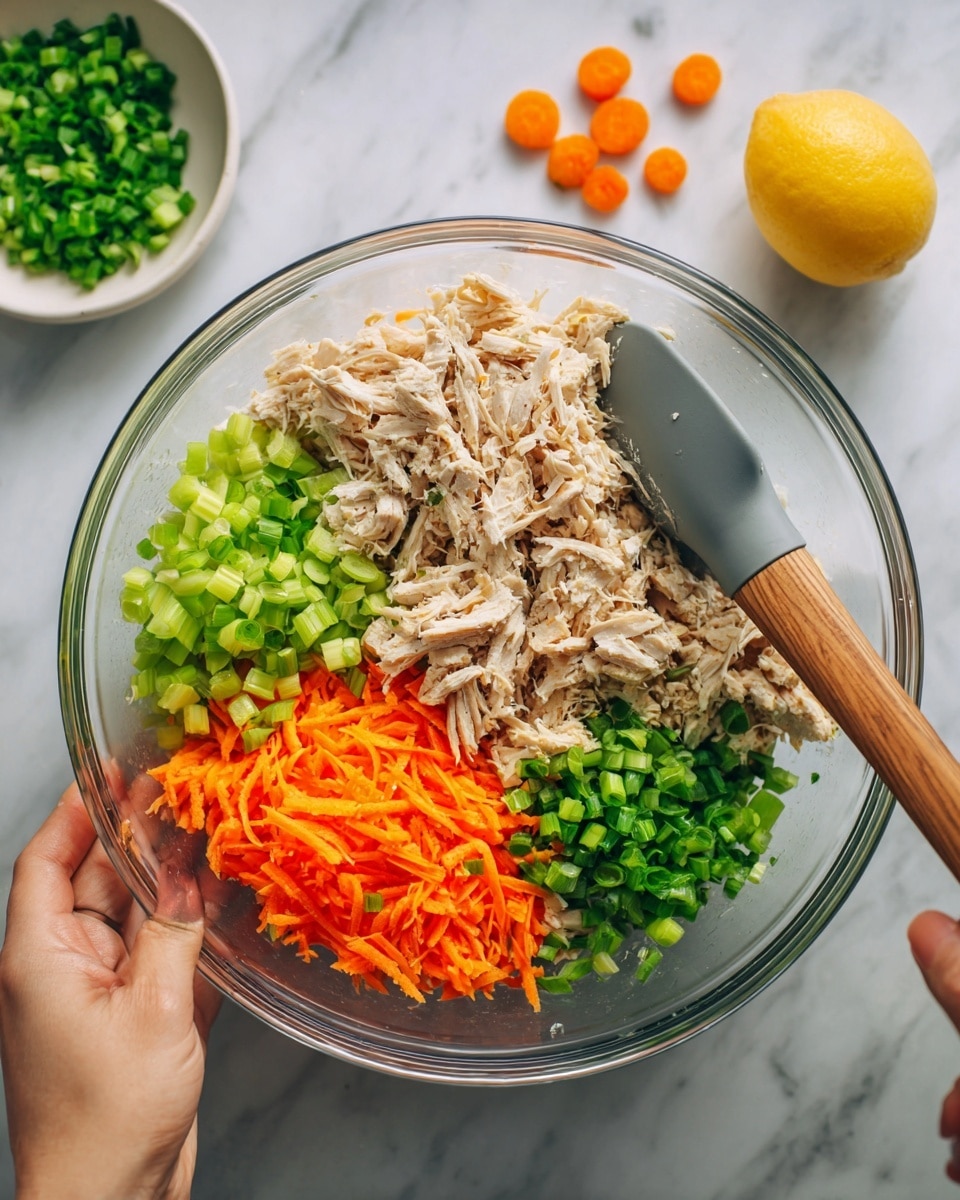 The image shows a clear glass bowl held by a woman's hand on the left side and stirred with a wooden spatula in a gray silicone head held by a woman's hand on the right side. Inside the bowl are four separate layers: shredded light brown chicken on the top right, chopped green onions below it on the right, shredded bright orange carrots on the bottom left, and diced pale green celery on the top left. In the background, there is a white marbled surface with a whole lemon on the right side, a small white bowl filled with chopped green onions on the left side, and a white plate with a few small orange carrot pieces at the top. photo taken with an iphone --ar 4:5 --v 7