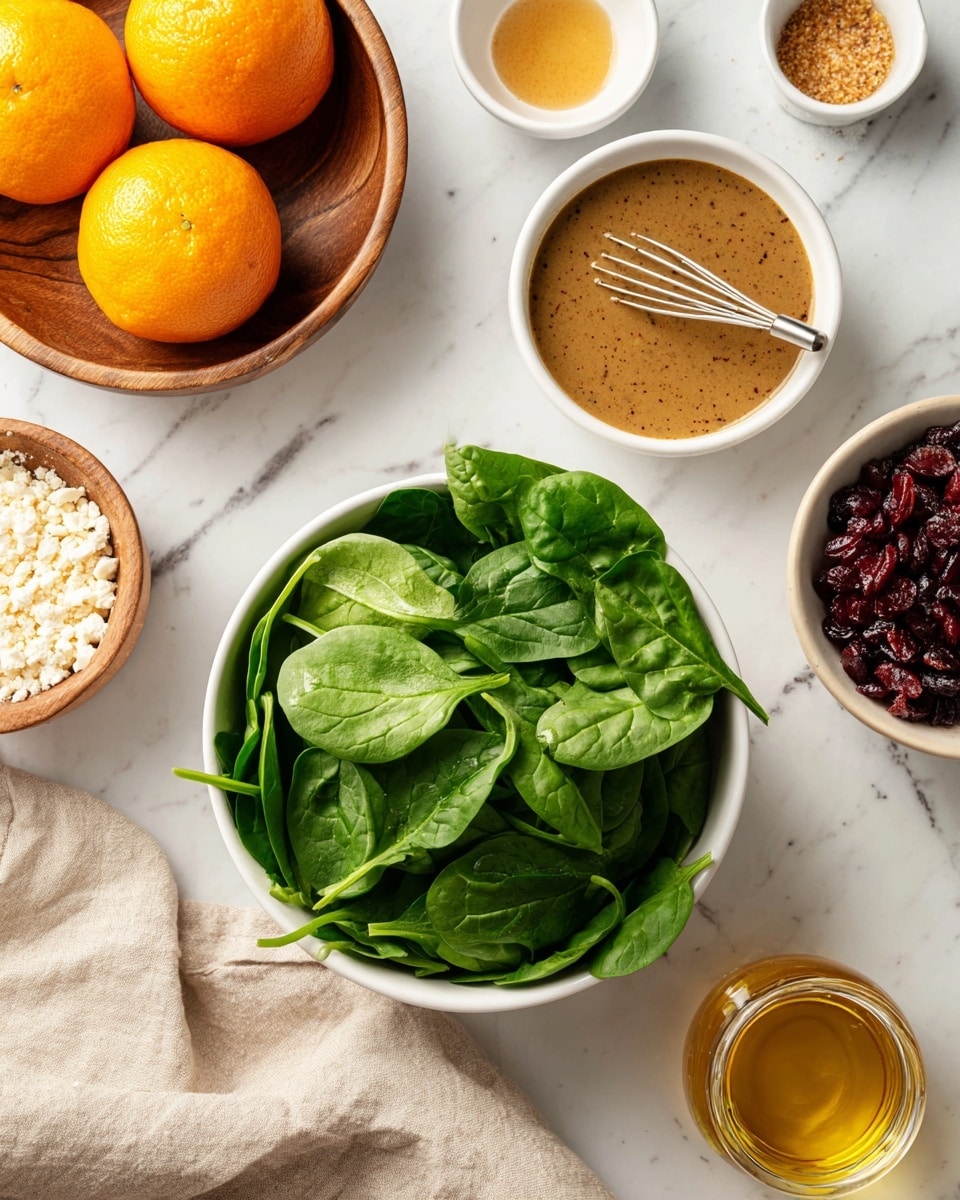The image shows a white bowl on the right filled with fresh green spinach leaves with a smooth, leafy texture. In the center is another white bowl containing a brown dressing with a slightly grainy texture and a small whisk resting inside. Around these bowls are other ingredients: at the top right, a small white bowl with dark red dried cranberries; at the top left, two whole bright orange oranges with textured skin; near the bottom left, a small wooden bowl filled with crumbly white cheese; nearby, a beige linen cloth is lightly folded. There are also two tiny white bowls near the middle with a small amount of light brown and yellow dressings. On the bottom right is a round glass jar filled with a clear golden liquid, likely oil. All items sit on a white marbled surface. photo taken with an iphone --ar 4:5 --v 7