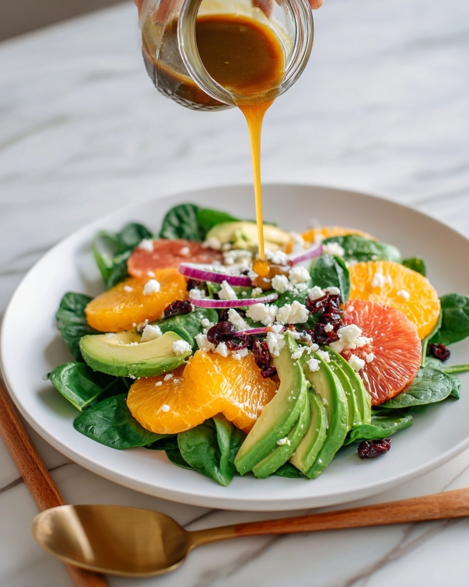 A fresh salad is arranged on a white plate with a wooden fork handle on the right. The bottom layer consists of dark green leafy spinach. On top, there are bright orange and pink slices of citrus fruit, light green avocado chunks, thin slices of light purple onion, small white cheese crumbles, and dark red dried berries scattered evenly. Above the salad, a golden brown dressing is being poured from a clear glass jar by a woman's hand. The scene is set on a white marbled surface. photo taken with an iphone --ar 4:5 --v 7