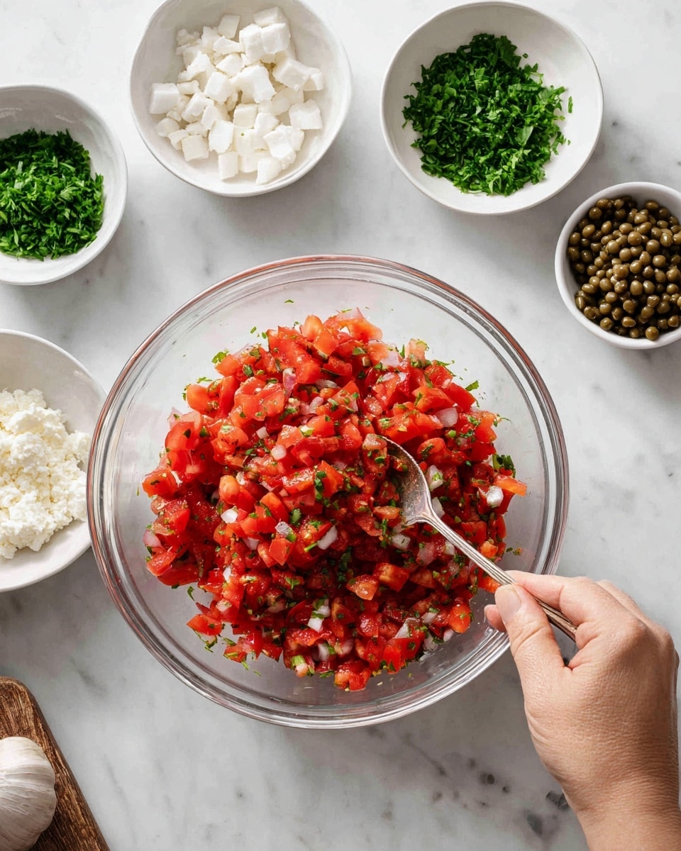 The image shows an overhead view of ingredients arranged neatly on a white marbled surface. On the top left, a wooden cutting board holds fresh green spinach leaves and some chopped green herbs next to a small white bowl containing dried seasoning. Below the board are three whole, bright red tomatoes. Around the board are seven small white bowls and dishes, each holding separate ingredients: cooked lentils filling a bowl on the upper right, cubed cooked chicken in a bowl below that, white crumbled cheese in a bowl to the lower right, olive oil in a small glass bottle, dark balsamic vinegar in a clear glass bowl, and small dishes with salt, ground pepper, and a pale spice. The colors range from fresh greens and reds to neutral whites and browns, all arranged clearly and cleanly. photo taken with an iphone --ar 4:5 --v 7