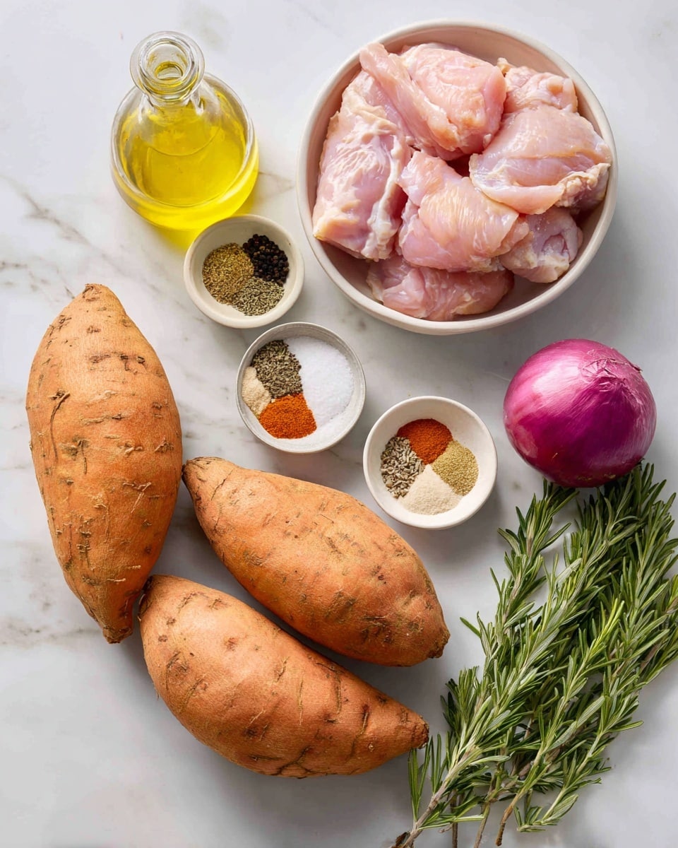 The image shows two large orange-brown sweet potatoes on a white marbled surface, next to a white bowl filled with raw pink chicken pieces. Above it is a small white bowl with a mix of five different spices arranged in sections: black pepper, white salt, a reddish powder, a light brown spice, and a beige powder. Beside it is another small white bowl with a similar mix of four spices. To the left, there is a clear bottle filled with yellow oil. On the right side, there is a bunch of green rosemary sprigs and a whole purple onion with its skin. The photo taken with an iphone --ar 4:5 --v 7