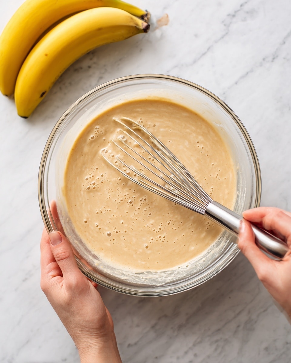 In a clear glass bowl on a white marbled surface, there is a smooth light brown batter being mixed with a metal whisk. The mixture looks thick and creamy with tiny air bubbles on the surface. A woman's left hand is steadying the bowl from the side while a woman's right hand is holding the whisk, stirring the batter gently. In the top left corner, there are two whole yellow bananas resting on the white marbled surface. Photo taken with an iphone --ar 4:5 --v 7