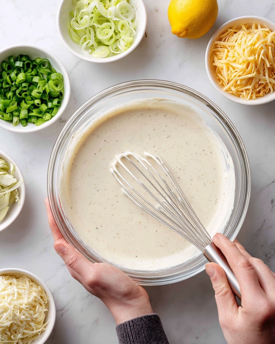 A large clear glass bowl containing a smooth, creamy white sauce with a slightly speckled texture in the center is held by a woman's hand on the left side, while another woman's hand on the right is whisking the sauce with a metal whisk. Surrounding the bowl on a white marbled surface are small white bowls filled with various ingredients: bright green sliced scallions at the top left, shredded pale yellow cheese at the bottom left, shredded artichoke hearts at the top right, and shredded cooked chicken to the far right. A lemon half with bright yellow flesh sits near the top right edge of the bowl. photo taken with an iphone --ar 4:5 --v 7