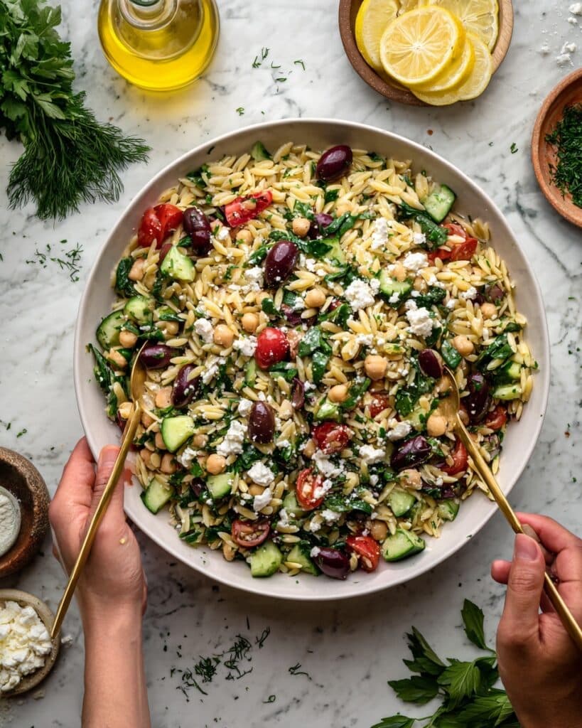 Veggie-Loaded Greek Orzo Pasta Salad with Chickpeas Recipe