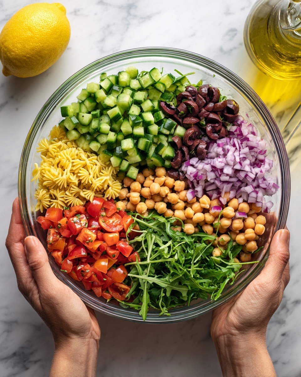 A clear glass bowl held by two woman's hands shows seven distinct layers arranged in a circular pattern, starting with bright green chopped cucumber pieces on the top left, dark purple sliced olives beside them, light yellow small pasta shapes on the top right, finely diced purple-red onions below the pasta, light tan chickpeas next to the onions, fresh green arugula leaves on the bottom left, and bright red chopped tomatoes between the arugula and cucumbers. The bowl is placed on a white marbled surface, with a yellow lemon half and a bottle of olive oil blurred in the background, photo taken with an iphone --ar 4:5 --v 7