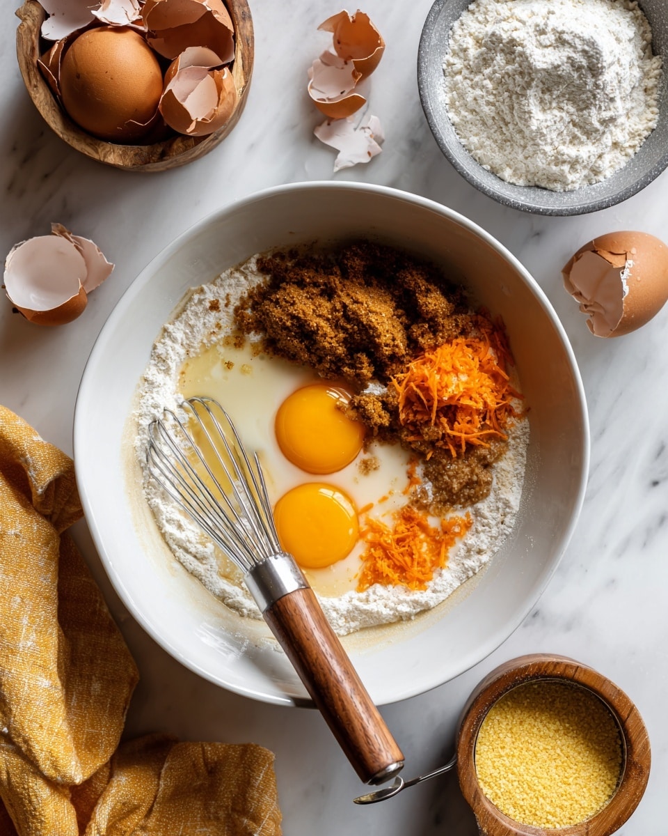 A white bowl on a white marbled surface holds several baking ingredients ready to be mixed. Inside the bowl, there are two whole egg yolks, a mound of brown sugar, a small pile of orange grated carrot, and a pale liquid that looks like condensed milk. A metal whisk with a wooden handle rests inside the bowl, touching the ingredients. Around the bowl, there is a gray bowl holding broken brown eggshells, a small wooden bowl with white powder ingredients, and a metal measuring cup filled with fine yellow cornmeal. A folded yellow cloth is partly visible at the bottom left corner. photo taken with an iphone --ar 4:5 --v 7