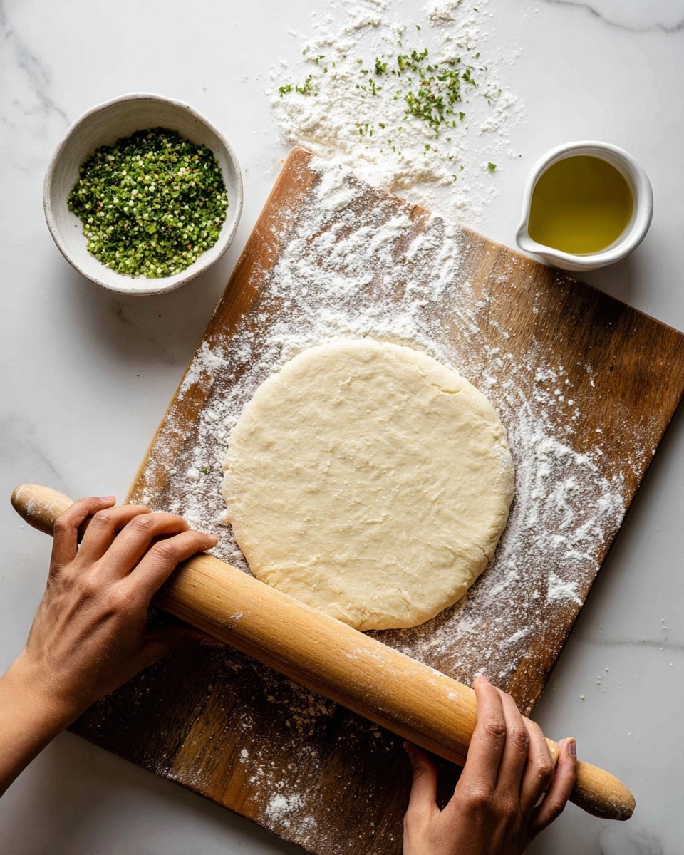 A wooden board dusted with flour holds a round piece of dough being rolled flat by a woman's hands using a wooden rolling pin. The dough is light beige, soft, and smooth, centered on the board with some flour scattered around it. In the upper left corner, a white bowl filled with green chopped herbs and a small white cup with olive oil sit on a white marbled surface background. The scene is bright and clear, showing the texture of the dough and flour, photo taken with an iphone --ar 4:5 --v 7