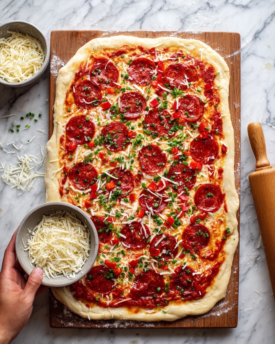 A rectangular pizza dough spread out on a wooden board over a white marbled surface with a thin layer of red tomato sauce covering the dough almost to the edges. On top, there are scattered green chopped herbs and small pieces of red bell pepper evenly spread. Large round slices of pepperoni lay in a scattered pattern across the pizza. Shredded white mozzarella cheese is sprinkled over the pizza, with a woman's hand holding a small gray bowl filled with more shredded cheese, ready to add more on top. A wooden rolling pin lies nearby on the marble surface. Photo taken with an iphone --ar 4:5 --v 7