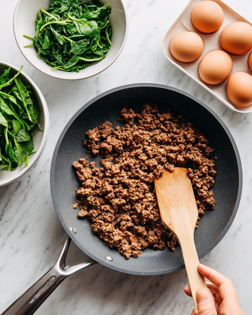 A dark grey frying pan filled with cooked brown crumbled ground meat sits on a white marbled surface, with a woman’s hand holding a wooden spatula stirring the meat near the bottom right. Above the pan, there are two white bowls; the left bowl contains chopped fresh bright green leafy spinach, and the right bowl holds seven whole light brown eggs. photo taken with an iphone --ar 4:5 --v 7
