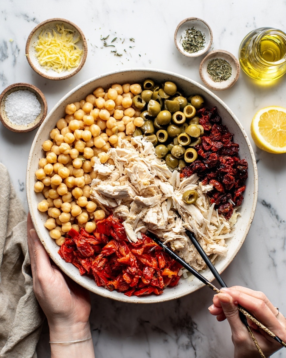 A large white bowl filled with six distinct layers arranged side by side: at the top left is a pale yellow layer of cooked chickpeas, next to it on the top right is shredded white chicken mixed with sliced green and black olives, in the center is a dark red layer of chopped sun-dried tomatoes, and at the bottom left is a bright red layer of diced roasted red peppers. A woman's hand is holding the bowl on the left side, while another woman's hand on the right side holds black chopsticks poking at the olives and chicken. The bowl sits on a white marbled surface, with small bowls of salt and pepper and a lemon half with lemon zest and a glass bottle of olive oil nearby. photo taken with an iphone --ar 4:5 --v 7