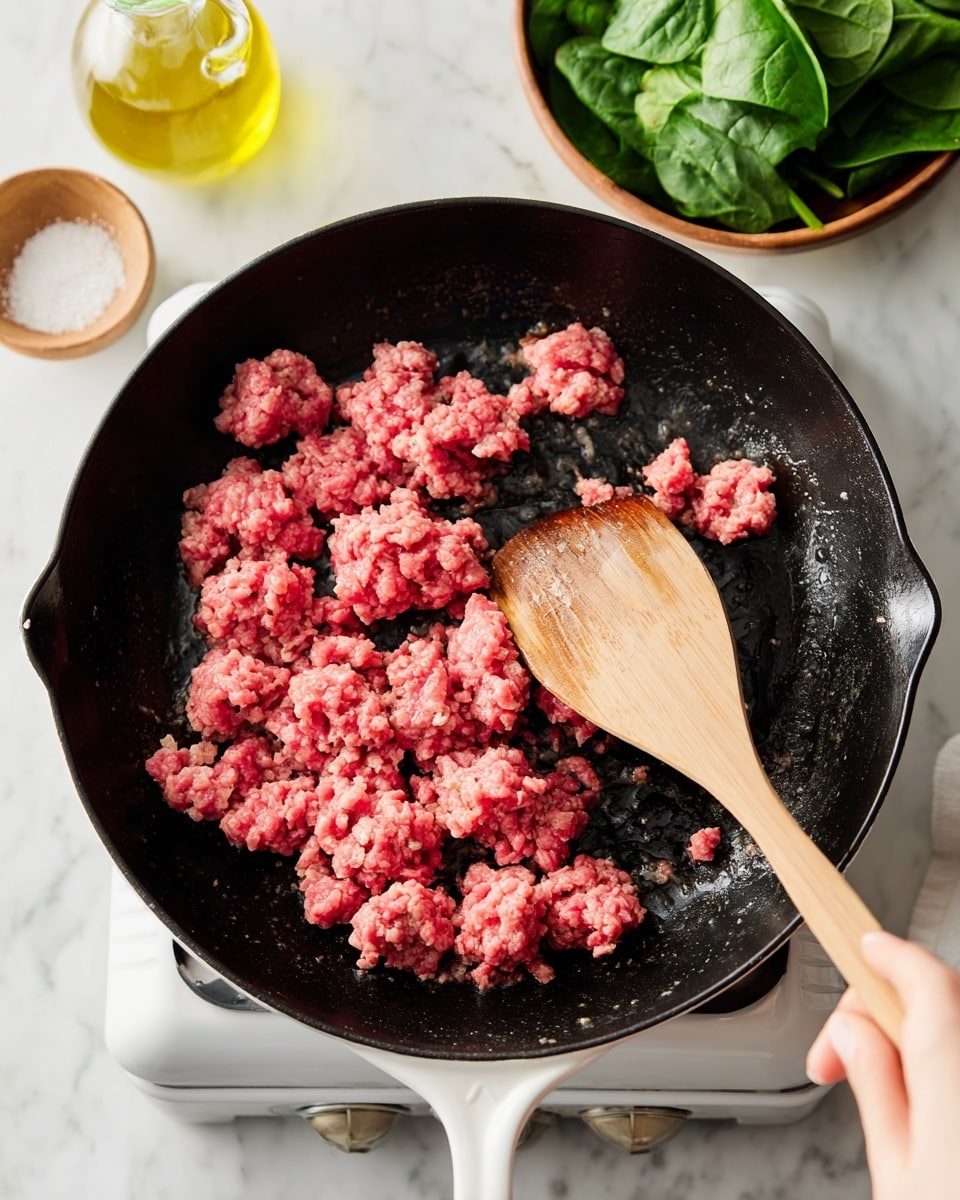 The image shows raw ground beef with bright red and pink colors cooking in a black cast iron pan with white handles on a stove. The beef is in uneven clumps spread across the surface of the pan, with some parts starting to brown slightly. A wooden spoon with a smooth, light brown texture is stirring the beef on the right side, held by a woman's hand. In the background, there is a bowl of fresh green spinach and a small clear bottle of yellow oil, all placed on a white marbled surface. Photo taken with an iphone --ar 4:5 --v 7