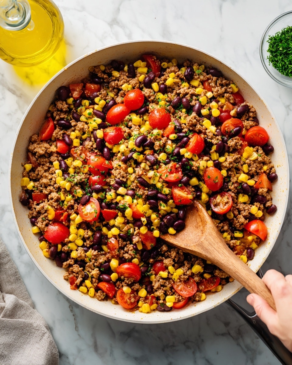 The image shows a large white skillet filled with a cooked mixture of small brown ground meat pieces, bright yellow corn kernels, black beans, red tomato chunks, and some green herbs scattered evenly throughout. A woman's hand holds a wooden spoon stirring the colorful mixture, revealing textures of cooked meat and fresh vegetables in the pan. The skillet sits on a stove with a white marbled surface background, and in the background, a glass bottle of yellow cooking oil is slightly out of focus. photo taken with an iphone --ar 4:5 --v 7