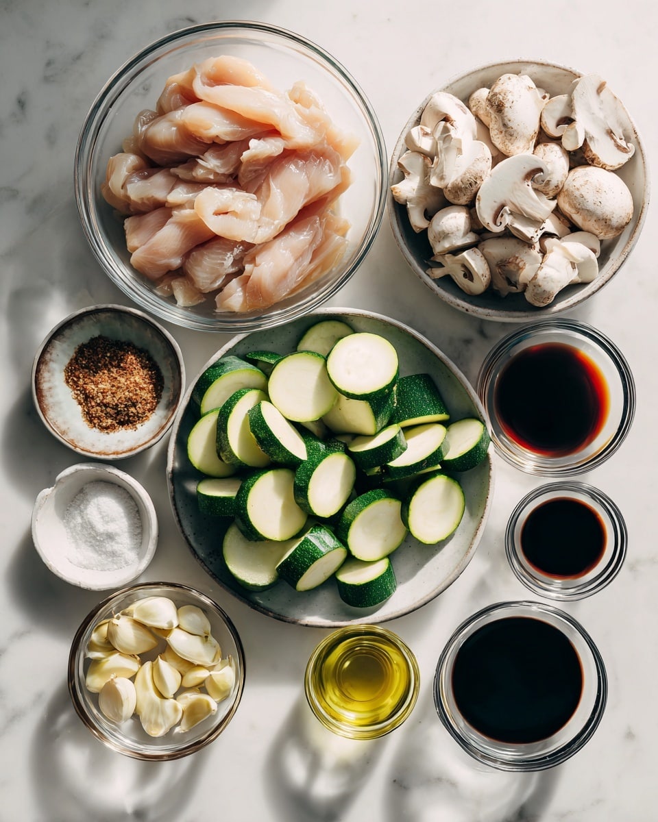 The image shows two close-up views of a cooking pan on a stove with a black interior. The first view has a layer of chopped light green zucchini pieces with dark green skin mixed with sliced white mushrooms, covering the pan evenly. The second view shows the same vegetables with added cooked light brown chicken pieces piled on top, with a brown sauce being poured over the chicken. The colors are mainly green, white, light brown, and dark brown, with a glossy, slightly shiny texture on the chicken and sauce. The background is a white marbled surface. Photo taken with an iphone --ar 4:5 --v 7