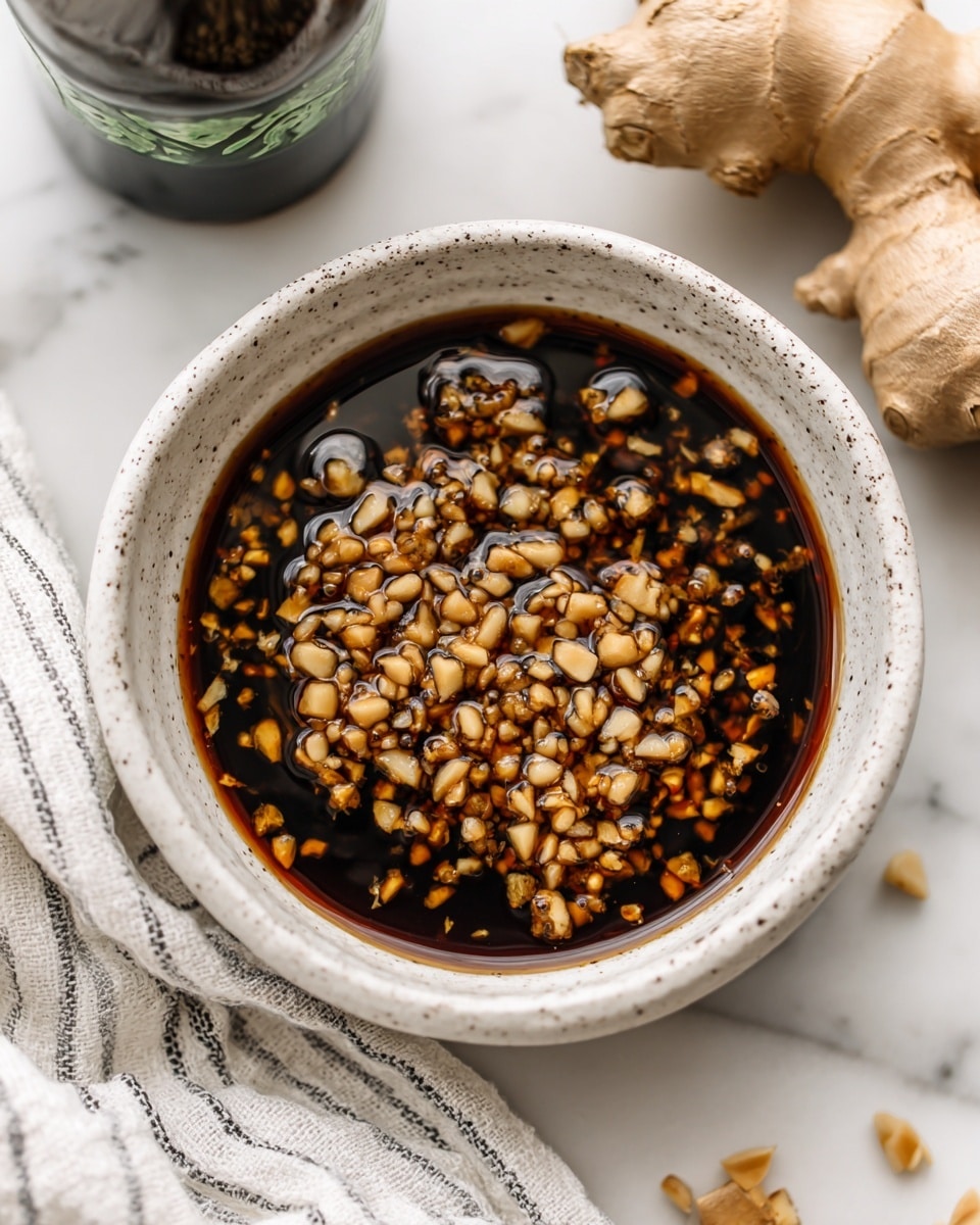 A white speckled bowl filled with a dark brown soy-based sauce mixed with many small chopped light tan garlic pieces, sitting on a white marbled surface. To the right of the bowl, there is a piece of whole light brown ginger root. On the top left side of the image, there is a partially visible green and white container with a dark bottle inside it, and a white and gray striped cloth is partially visible below the bowl. Photo taken with an iphone --ar 4:5 --v 7