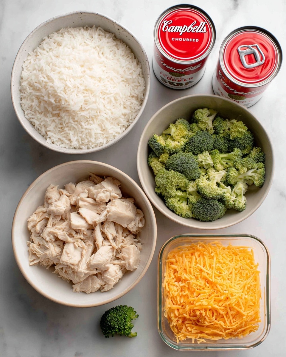 The image shows five separate items on a white marbled surface: a white bowl filled with cooked white rice, a light gray bowl with small cooked green broccoli pieces, an off-white bowl with chunks of cooked chicken that have a light brown outer color, a clear plastic container filled with orange shredded cheese, and two red and white cans of Campbell's cream of mushroom soup placed side by side. A single small green broccoli floret sits on the surface near the bowls. The items are arranged so each ingredient is clearly visible and separated. photo taken with an iphone --ar 4:5 --v 7