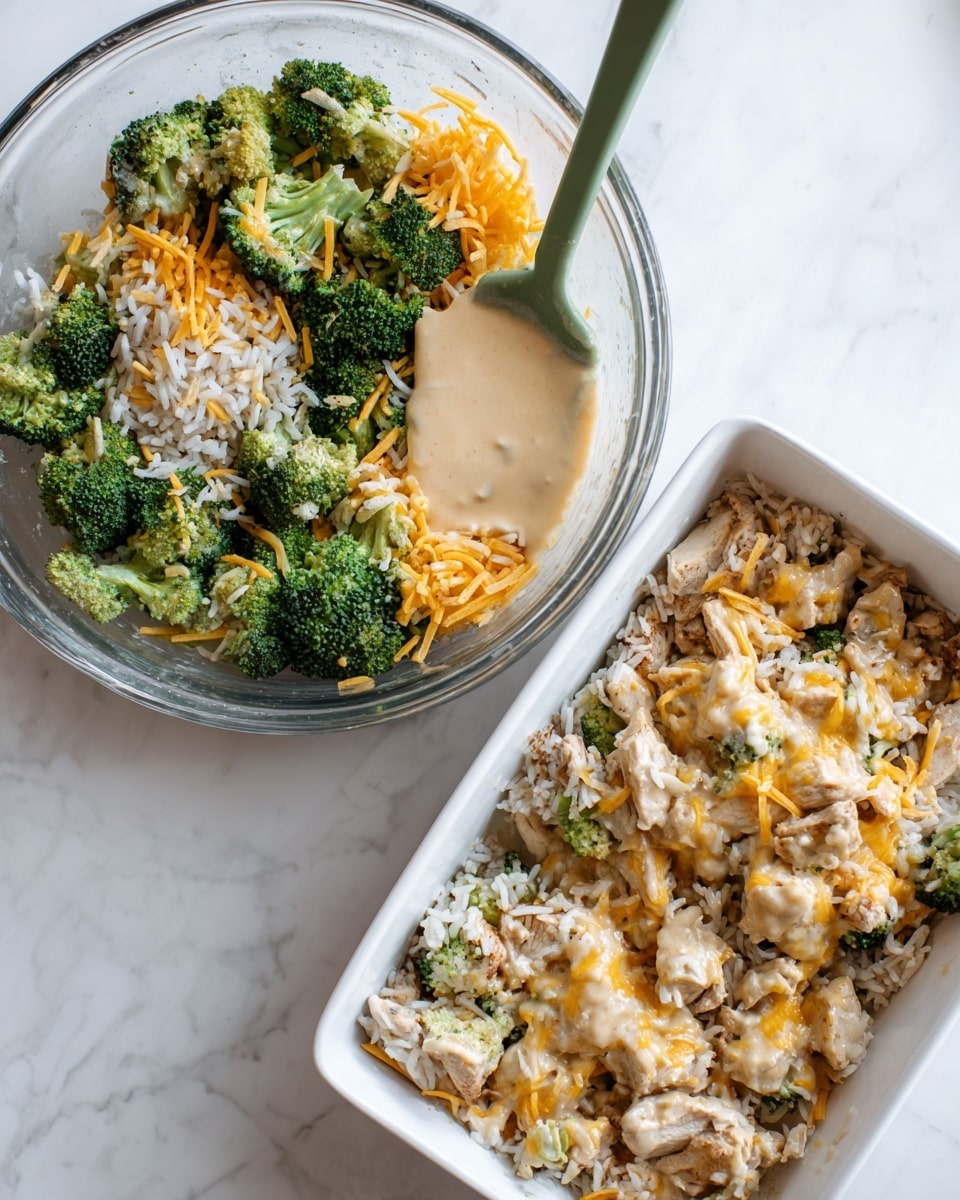 The image shows two parts of a meal preparation on a white marbled surface. On the left, a clear glass bowl holds ingredients before mixing: large green broccoli florets, white shredded cheese, orange shredded cheese, white grainy rice, light brown cooked chicken pieces, and a smooth light beige creamy sauce on top, with a green silicone spatula lying on the right side inside the bowl. On the right, a white rectangular baking dish is filled with the mixed version of these ingredients, showing the green broccoli, white and orange cheese, white rice, and chicken pieces all combined and coated with the creamy sauce, creating a textured and slightly chunky look. Photo taken with an iphone --ar 4:5 --v 7