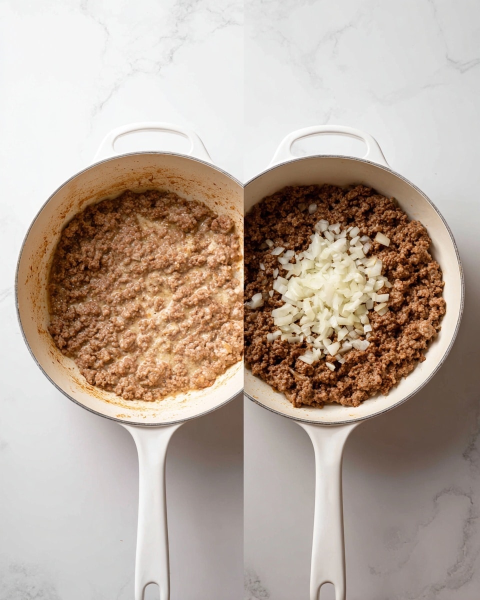The image shows two white pots on a stove with a white marbled background. The left pot contains browned ground meat spread evenly, showing a light brown color with a bit of oil and browned bits around the edges. The right pot continues from the first, with the same browned ground meat layer but now small pieces of white onion are scattered on top, adding some texture and color contrast. Both pots are viewed from above, clearly showing the cooking progress. photo taken with an iphone --ar 4:5 --v 7
