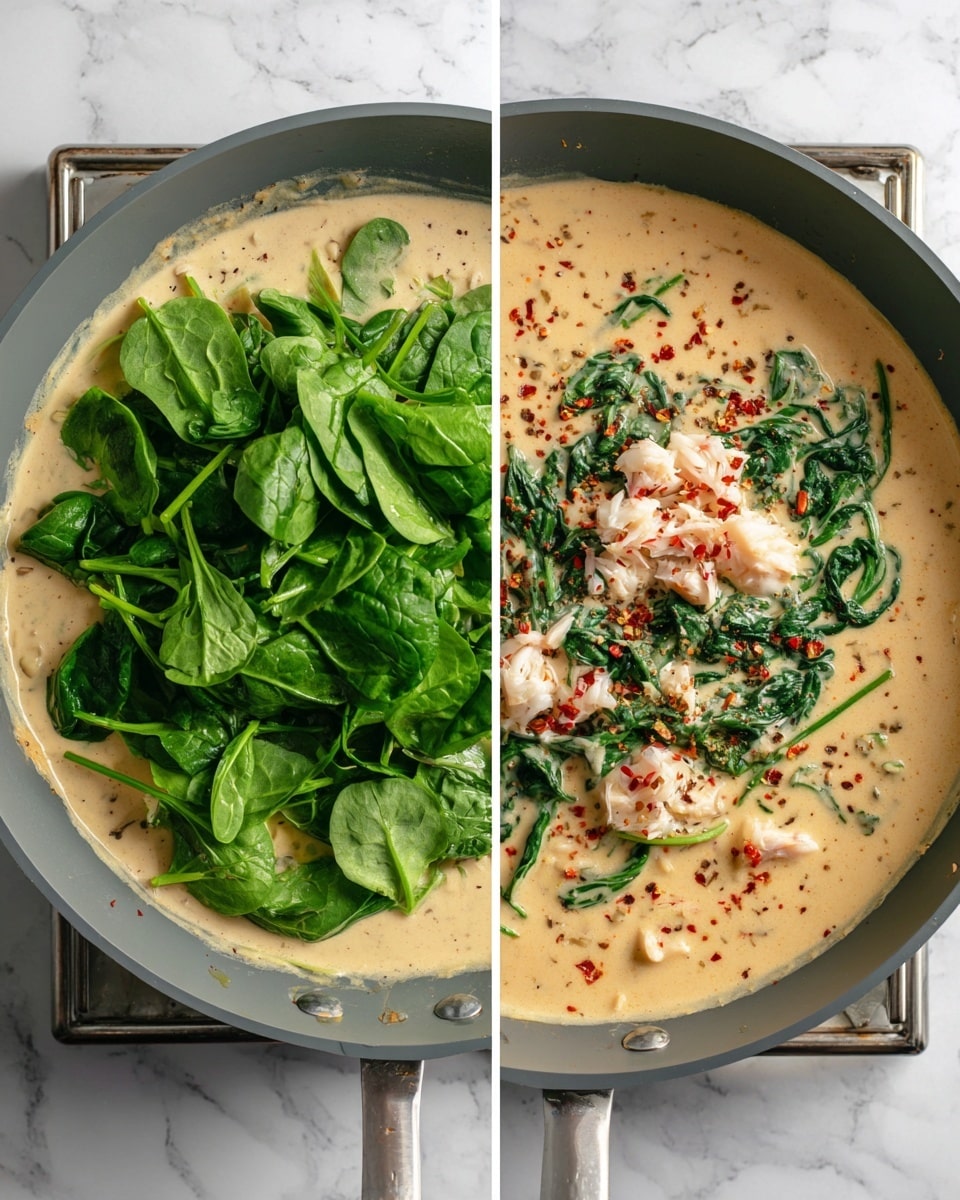 The image shows two stages of cooking a creamy dish in a gray frying pan on a white marbled surface. In the first stage, there is a thick, light beige creamy base spread across the bottom of the pan, with a large pile of fresh, bright green spinach leaves on top, the spinach looks fresh and slightly wet. In the second stage, the creamy base has mixed with the spinach, showing wilted dark green spinach leaves throughout the thick beige mixture. On top are scattered chunks of white crab meat along with a sprinkle of black pepper and small red chili flakes, adding texture and color contrast. The pan is placed on a stove with metal burners visible in both images. photo taken with an iphone --ar 4:5 --v 7