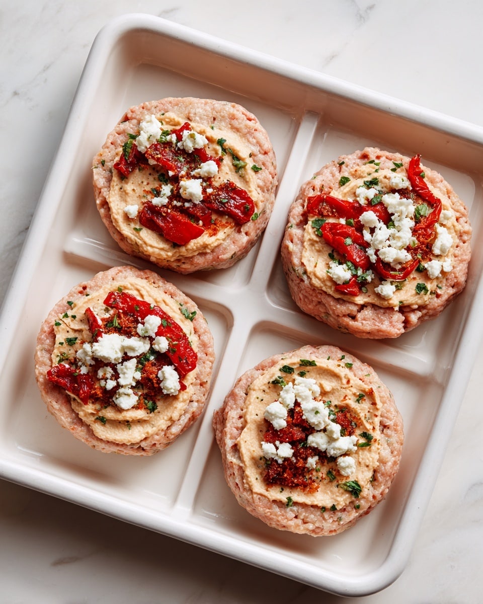 Four raw thin meat patties are placed on a white divided tray on a white marbled surface. Each meat patty is topped with a spread of creamy beige hummus, bright red strips of roasted pepper, small white crumbles of soft cheese, and finely chopped green herbs. In the smaller inset image, the plain raw patties are shown on the same white divided tray. The colors and textures contrast with the pale pink meat base, smooth hummus, vibrant red peppers, crumbly white cheese, and fresh green herbs. photo taken with an iphone --ar 4:5 --v 7