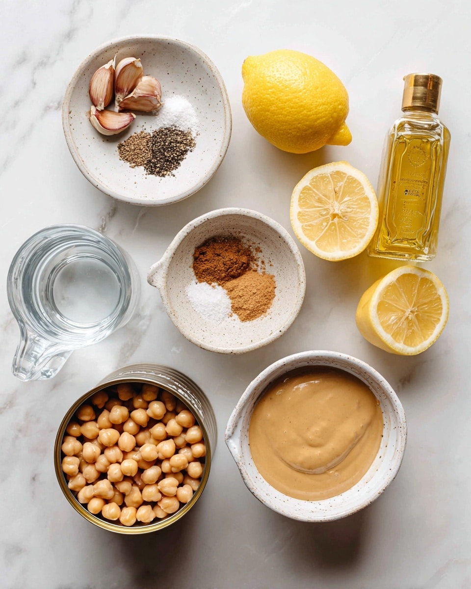 The image shows several ingredients placed on a white marbled surface, arranged in a loose circle. Starting from the top left, there is a small white bowl with brown roasted garlic cloves. Below it, a white bowl holds three different powders arranged in sections: black pepper, salt, and a brown spice. To the right, a clear glass container holds a pale yellow liquid, probably lemon juice, with two yellow lemons nearby, one whole and one cut in half showing its juicy interior. Below the spice bowl, a tin can is open, filled with light tan chickpeas in their liquid. Near the bottom, a transparent glass pitcher contains water. To the right of the pitcher, there is a shallow white bowl filled with a smooth, beige tahini sauce. Lastly, to the top right, a small bottle of golden olive oil with a label and a gold cap completes the setup. Photo taken with an iphone --ar 4:5 --v 7
