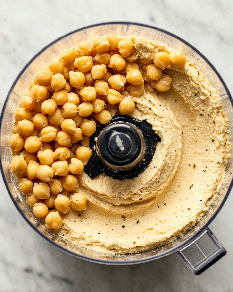 A close-up view inside a clear food processor bowl showing smooth hummus with a creamy, light beige color and slightly speckled texture around the black blade attachment in the center. The hummus is spread evenly against the sides of the bowl. Inset image at the top left corner shows the same bowl but filled with whole chickpeas, which are round and light yellow-tan in color. Both images are set on a white marbled texture surface photo taken with an iphone --ar 4:5 --v 7