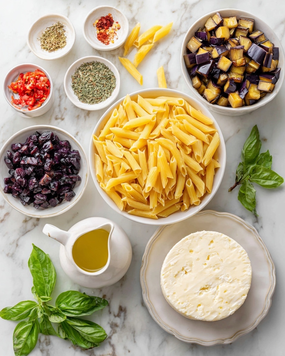 A top view of many cooking ingredients arranged on a white marbled surface, including two large white bowls filled with yellow uncooked penne pasta and light yellow and dark purple diced eggplants. Around the bowls are small white dishes holding grated garlic, dried herbs, red chili flakes, and a mix of salt and black pepper. A whole round block of white cheese rests on a fluted white plate at the center bottom, with a small white jug holding pale yellow oil nearby. Bright green basil leaves are scattered on the surface, and a red and white can of diced tomatoes is placed near the eggplants. photo taken with an iphone --ar 4:5 --v 7