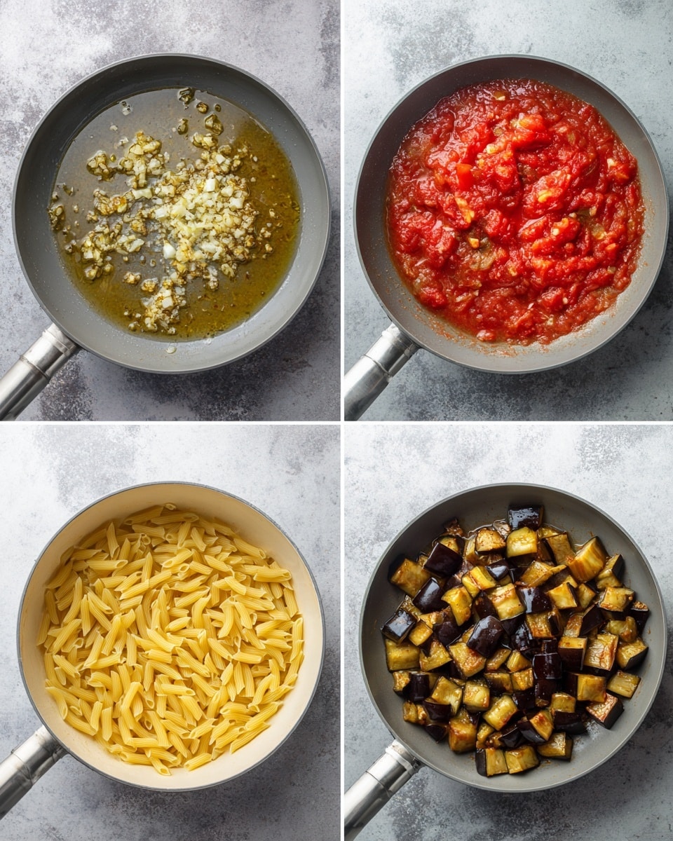 A four-part collage showing different stages of cooking pasta with sauce and eggplant. The top left image shows a grey pan with finely chopped garlic sautéed in olive oil, small bits floating in amber oil. The top right image has the same grey pan now filled halfway with chunky bright red tomato sauce, showing a mix of stewed tomatoes and liquid. The bottom left image shows a white pot of boiling clear water with yellow dry pasta cooking, small bubbles rising, with a white marbled surface and green basil leaves to the right. The bottom right image shows the grey pan containing half-cooked yellow pasta, topped with dark brown roasted eggplant cubes sitting on the red sauce beneath. Photo taken with an iphone --ar 4:5 --v 7