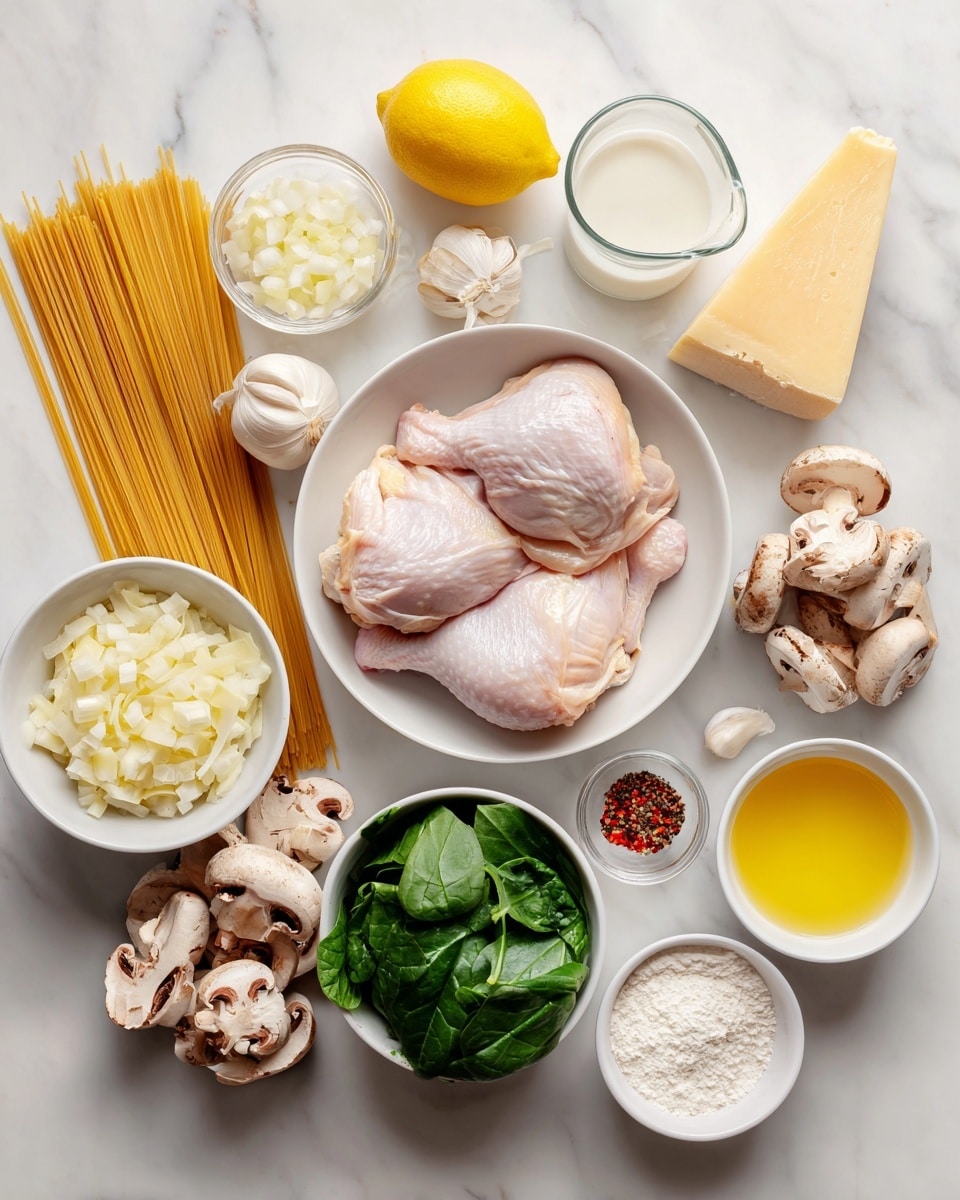 The image shows an overhead view of fresh ingredients laid out on a white marbled surface. In the center is a white bowl containing two raw pale pink chicken parts. Surrounding it are smaller white bowls filled with white chopped onions, light yellow minced garlic, green spinach leaves, and sliced brown mushrooms with white interiors. Other items include a wedge of pale yellow Parmesan cheese, a bright yellow lemon, a clear measuring cup with white milk, a smaller clear cup with yellow melted butter, and a small bowl with white powder, likely cornstarch. There is also a white plate with a line of four spices: black pepper, red chili flakes, granulated garlic, and salt. A bundle of dry light brown spaghetti rests next to these. photo taken with an iphone --ar 4:5 --v 7