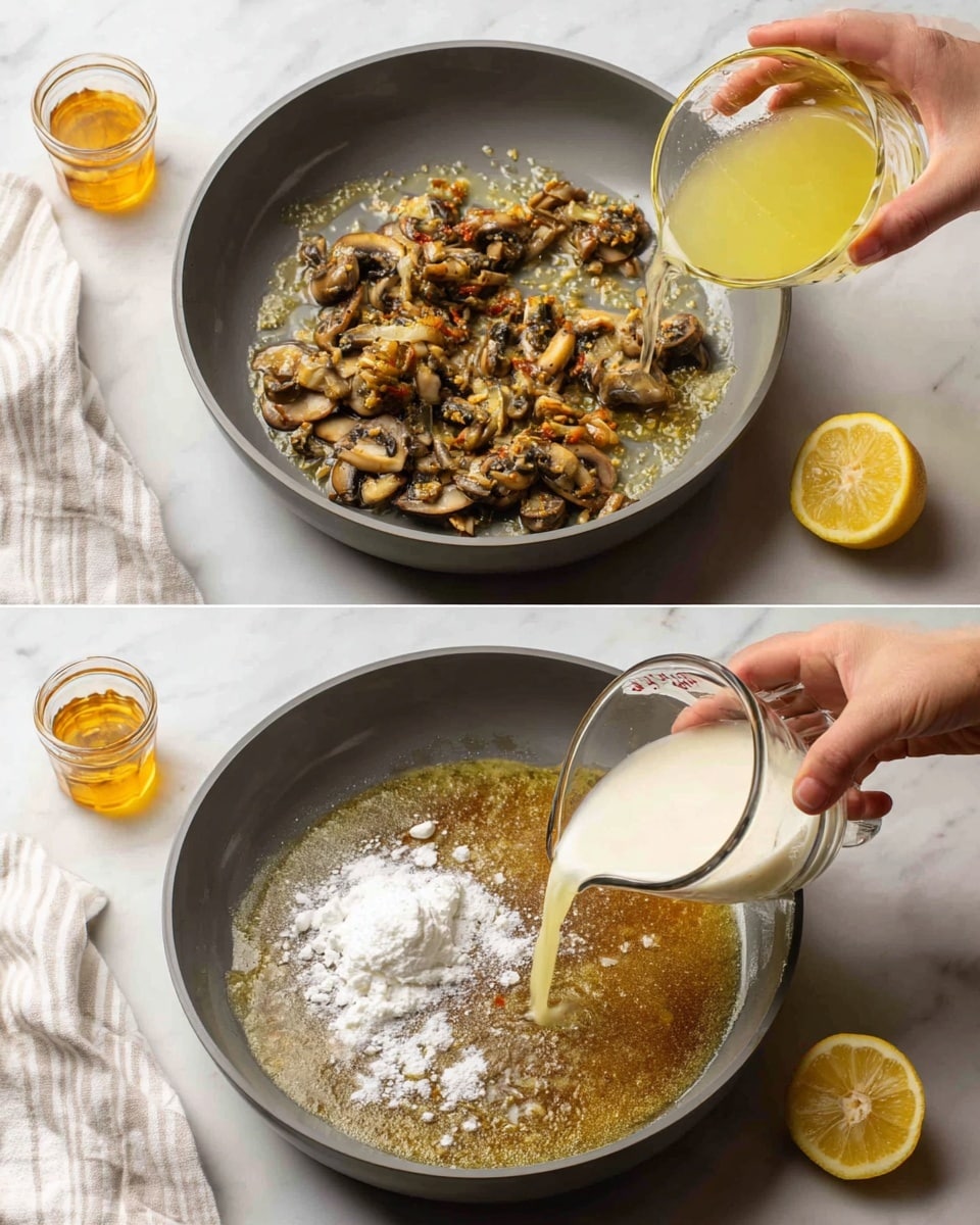 A gray pan on a white marbled surface holds cooked, browned mushroom slices and small bits of garlic scattered unevenly in one half of the pan. A woman's hand is pouring light yellow liquid from a small clear glass cup into the pan. In the second image, the same gray pan shows the mushrooms and bits in a brown sauce. A small pile of white powder and thick white cream are added near the center. Another woman's hand is pouring cream from a clear glass measuring cup into the pan. There is half a lemon near the top right corner and a white towel with thin stripes beside the pan. photo taken with an iphone --ar 4:5 --v 7