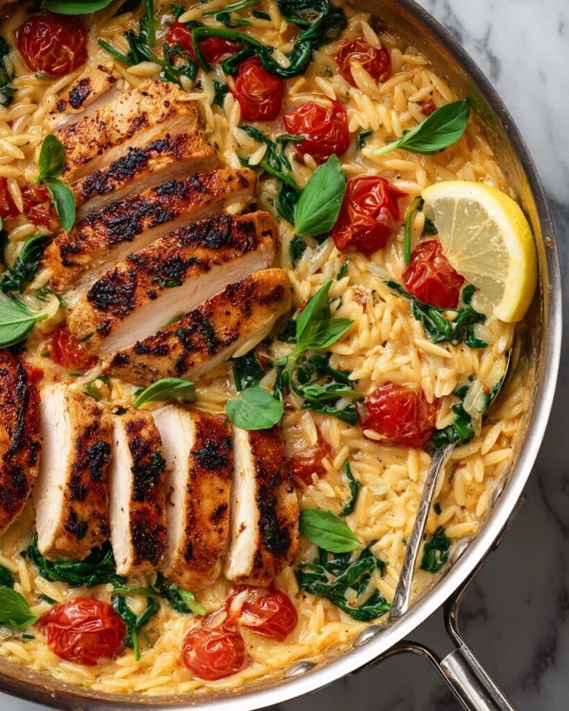 Creamy Chicken and Orzo with Cherry Tomatoes and Spinach Recipe