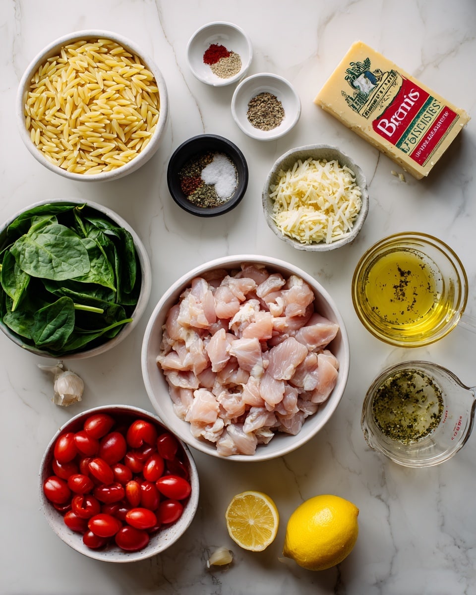 The image shows many ingredients on a white marbled surface arranged neatly. In the center, there is a white bowl filled with light pink raw chicken pieces. Above it to the left is a white bowl with small, pale yellow orzo pasta. To the right of the orzo is a large wedge of Parmesan cheese with its label visible. Below the cheese is a box of Boursin garlic and herb cheese. Near the chicken, there's a small black bowl with minced garlic. To the right of the chicken bowl is a clear measuring cup filled with a yellowish liquid containing herbs. Below this measuring cup is half a lemon with a bright yellow inside facing up. Below the chicken bowl, there is a white bowl filled with shiny red cherry tomatoes cut in half. To the left of the tomatoes, there is a container holding fresh green spinach leaves. Above the spinach are small white dishes holding various spices in red, black, and white colors, and a small white measuring cup with a clear liquid. The whole scene looks fresh and ready for cooking. Photo taken with an iphone --ar 4:5 --v 7