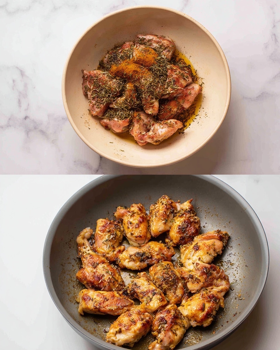 The first image shows a light beige bowl filled with raw pink chicken pieces covered in a mix of spices including dark herbs and orange powder in the middle, all on a white marbled surface. The second image shows the chicken pieces in a grey frying pan on a stove. The chicken is now cooked with a golden brown color, spread out in a ring shape inside the pan with a slightly crispy texture. photo taken with an iphone --ar 4:5 --v 7