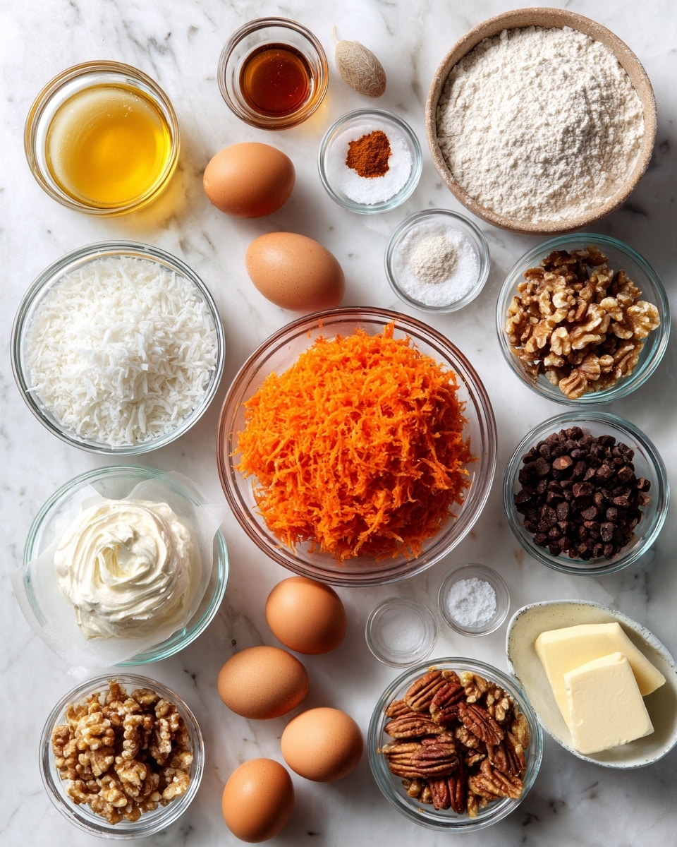 The image shows two white bowls on a white marbled surface. The left bowl contains a light beige dry mixture with a fine texture, and nearby there is a metal whisk and a small white cup with a bit of liquid and a small jar of honey. The right bowl contains a layered mix: the bottom layer is bright orange shredded carrots mixed with dark raisins and some chopped nuts, topped with a small mound of shredded white coconut. Surrounding the bowls are a clear container with powdery white flour-like substance and a white spatula with a wooden handle. A striped cloth is partly visible in the lower right corner. photo taken with an iphone --ar 4:5 --v 7