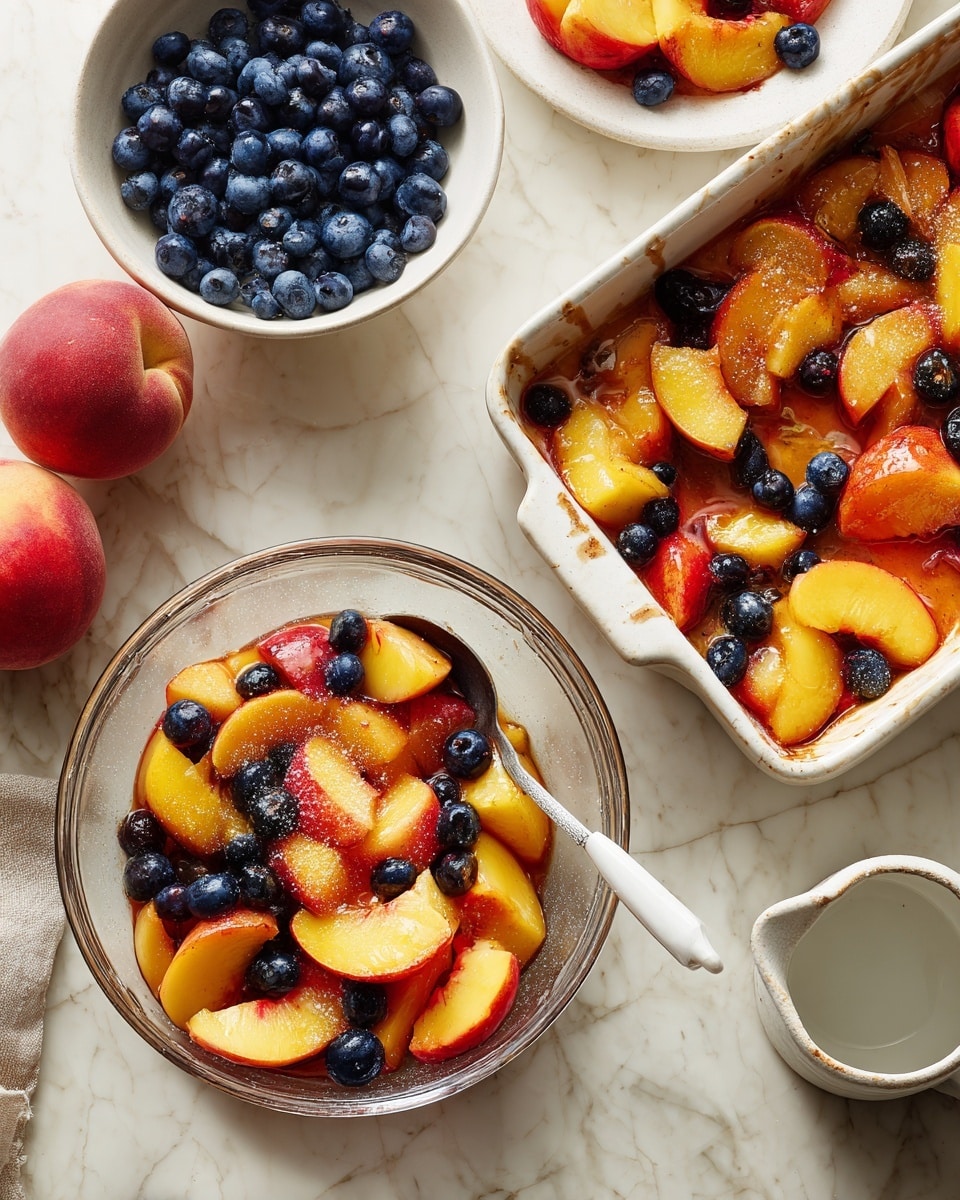 The image shows two side-by-side scenes of fruit preparation on a white marbled surface. On the left, a clear glass bowl holds a mix of sliced yellow and red peaches and dark blue blueberries. A white spatula rests inside, and the fruit is topped with a sprinkle of white sugar and light brown cinnamon powder. Above the bowl, a white bowl filled with blueberries and a white plate with a whole red peach are visible. On the right, a white rectangular baking dish is filled with the mixed peaches and blueberries, now coated in a shiny glaze. In the background, a white cup and another white plate with a red peach can be seen. photo taken with an iphone --ar 4:5 --v 7